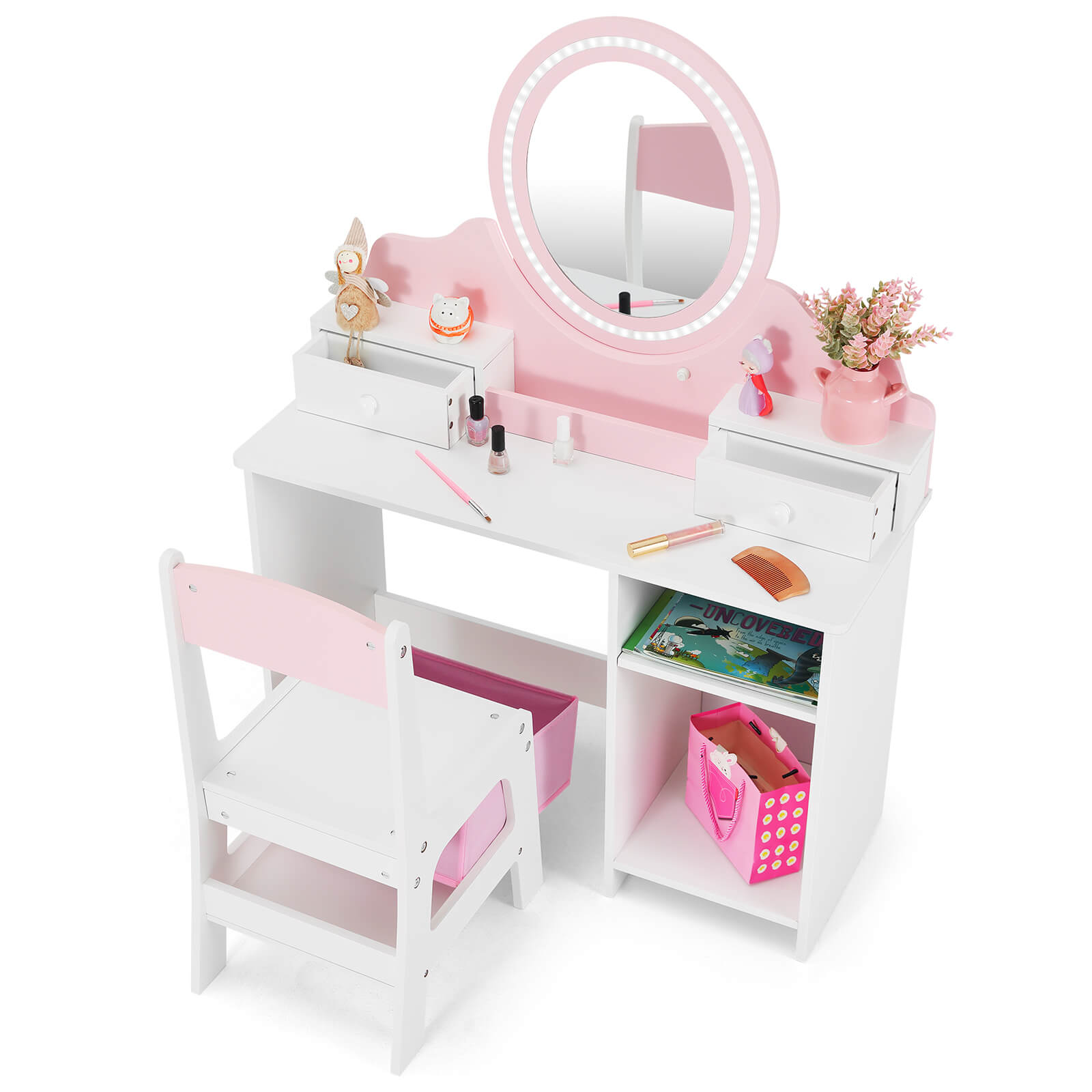 Kids Vanity with Lights, Pink Girls Makeup Vanity with 2 Drawer, Storage Cabinet & Shelves, 2 in 1 Toddler Vanity Table and Chair Set, Dressing Table for Kids 3+