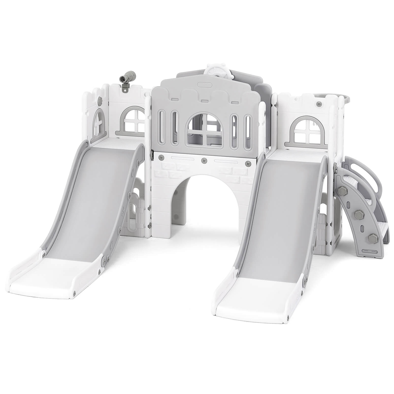 #40118 9 in 1 Toddler Slide, Toddler Playground with Double Slides, Climber,Basketball Hoop,Tunnel, Telescope, Storage Space and Non-Slip Step, Indoor Outdoor Backyard Playset for Toddlers Age 1-3+