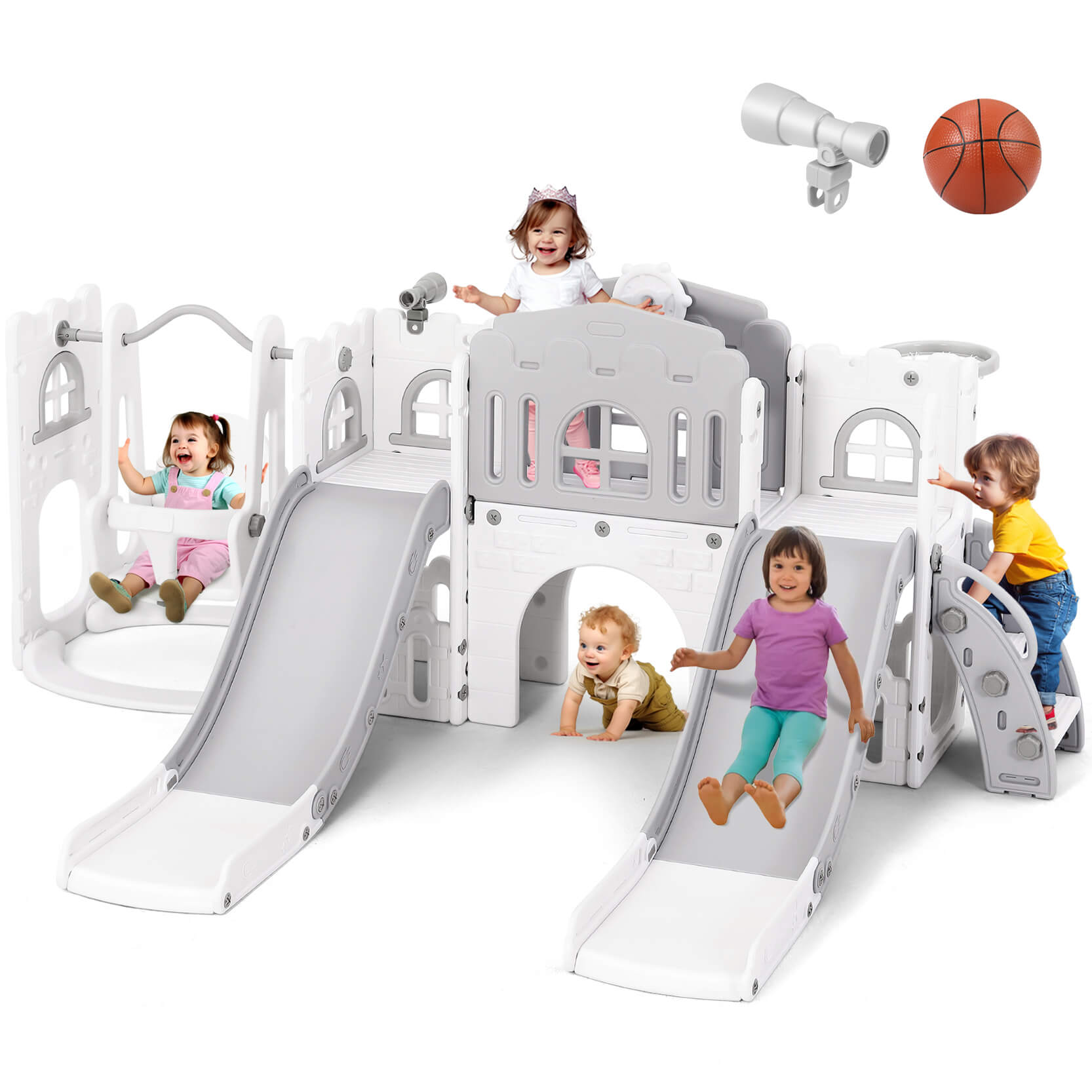 10 in 1 Toddler Slide, Double Kid Climber Slide Playset w/Swing, Basketball Hoop, Telescope, Tunnel, Storage Space and Non-Slip Steps, Indoor Outdoor Backyard Playground Toy for Toddlers