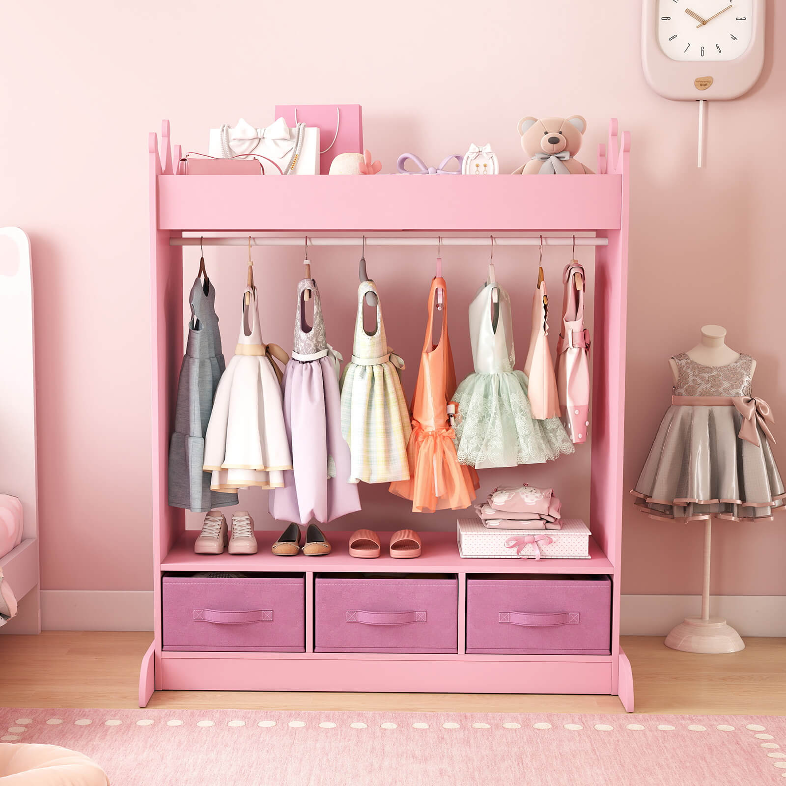 Kids Dress Up Storage with Mirror and Drawers, Kid Armoire Dresser, Pretend Storage Closet for Kids, Costume Wardrobe with Top Shelf for Playroom Bedroom