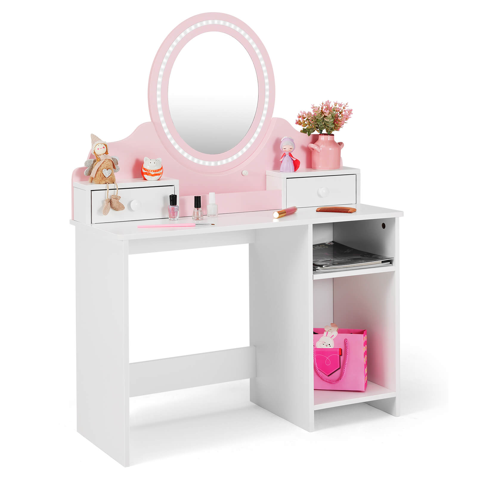Kids Vanity with Lights, Pink Girls Makeup Vanity with 2 Drawer, Storage Cabinet & Shelves, 2 in 1 Toddler Vanity Table and Chair Set, Dressing Table for Kids 3+