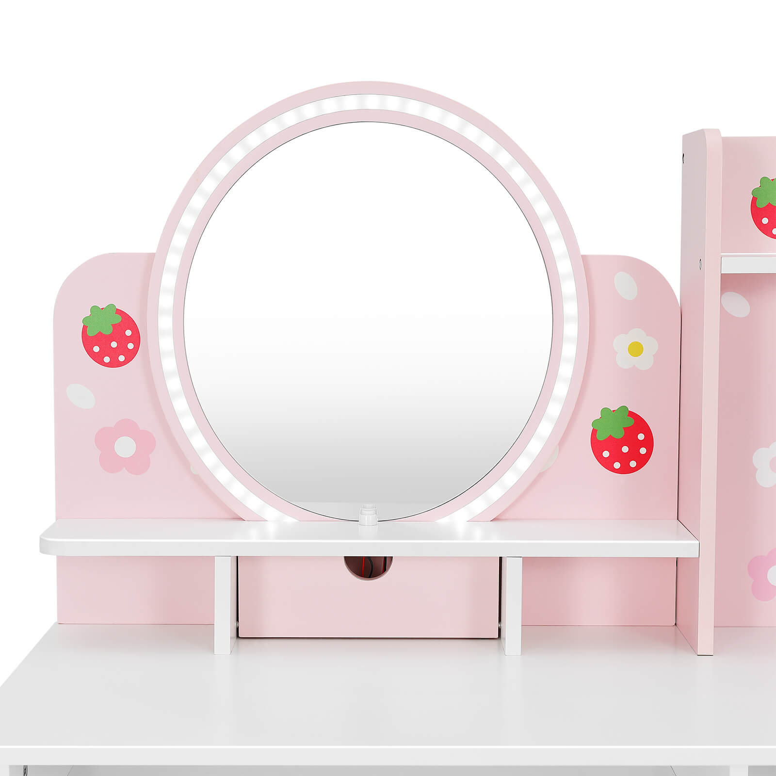 Kids Vanity with Lights, Pink Girls Makeup Vanity with Open Bookshelf, Storage Cabinet & Shelves, 2 in 1 Toddler Vanity Desk and Chair Set, Dressing Table for Kids 3+