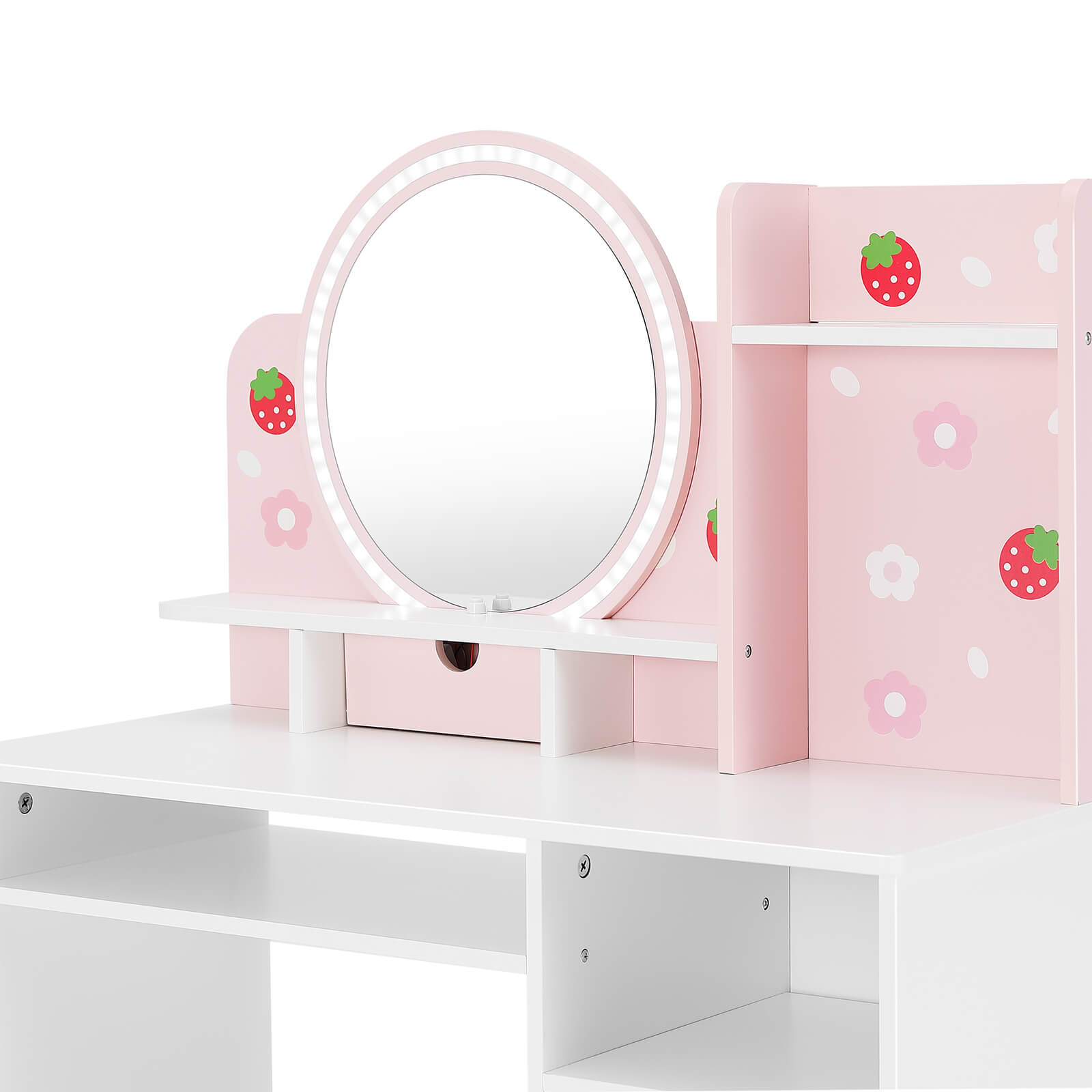Kids Vanity with Lights, Pink Girls Makeup Vanity with Open Bookshelf, Storage Cabinet & Shelves, 2 in 1 Toddler Vanity Desk and Chair Set, Dressing Table for Kids 3+