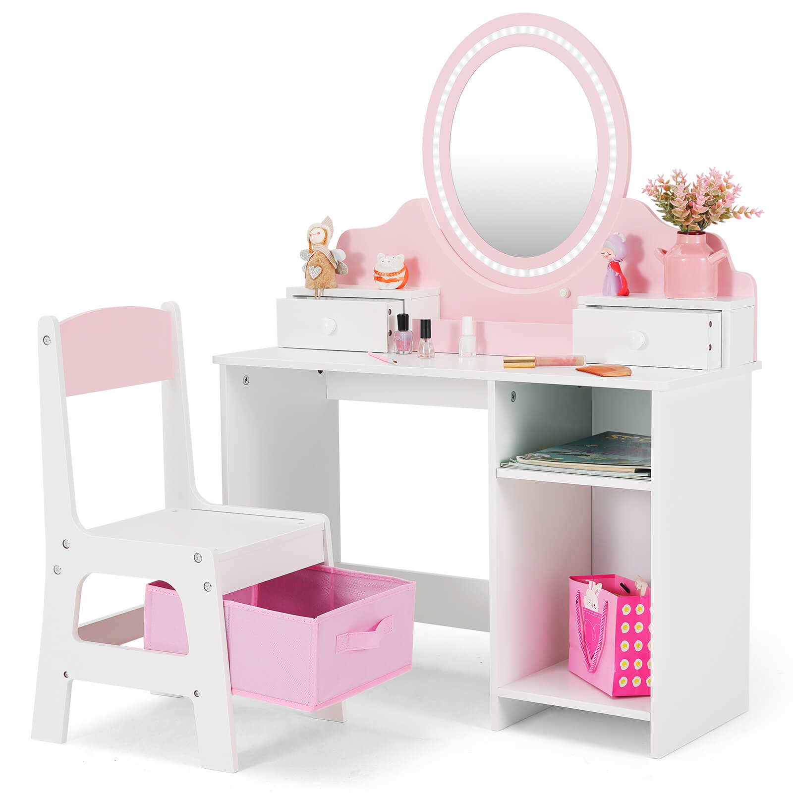 Kids Vanity with Lights, Pink Girls Makeup Vanity with 2 Drawer, Storage Cabinet & Shelves, 2 in 1 Toddler Vanity Table and Chair Set, Dressing Table for Kids 3+