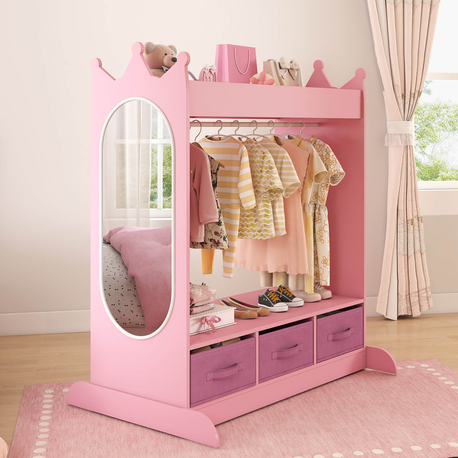 Kids Dress Up Storage with Mirror and Drawers, Kid Armoire Dresser, Pretend Storage Closet for Kids, Costume Wardrobe with Top Shelf for Playroom Bedroom