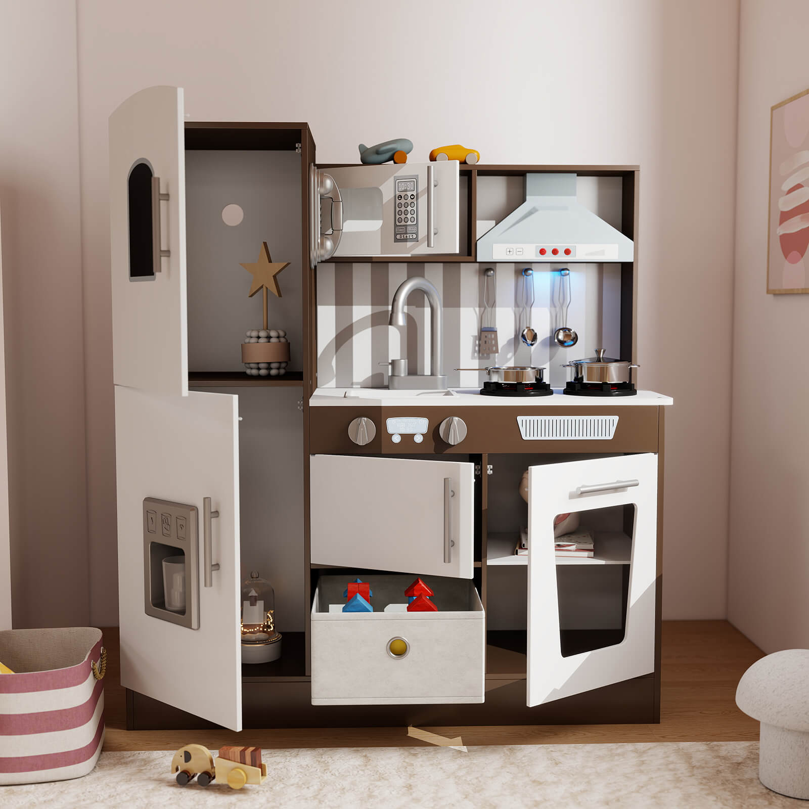 Kids Play Kitchen Set, Pretend Wooden Kid Kitchen Playset Toy Kitchen w/Sound and Light, Oven, Ice Maker, Blackboard & Toy Storage Box, Toddler Kitchen Accessories for Kids Ages 3+