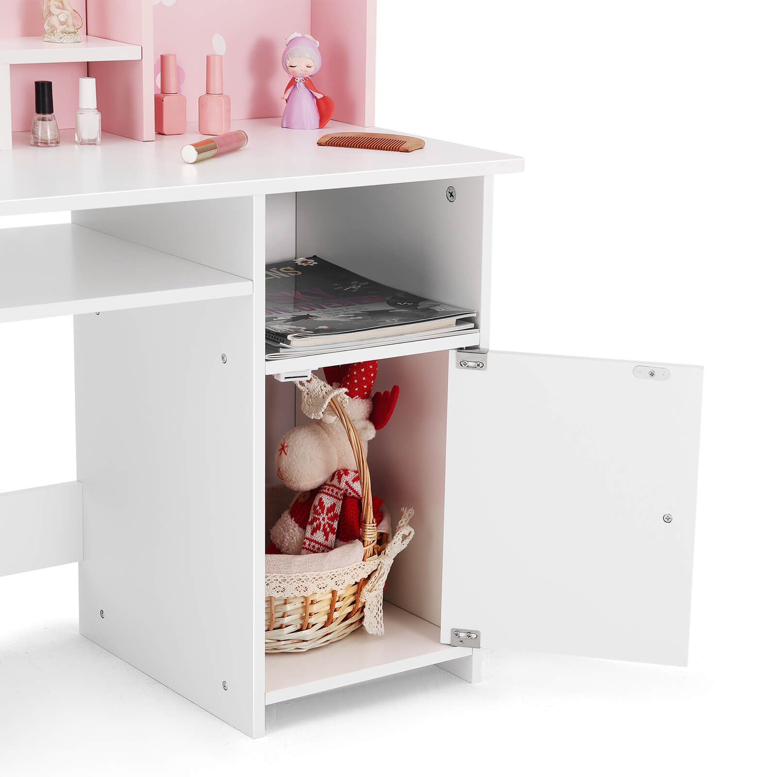 Kids Vanity with Lights, Pink Girls Makeup Vanity with Open Bookshelf, Storage Cabinet & Shelves, 2 in 1 Toddler Vanity Desk and Chair Set, Dressing Table for Kids 3+