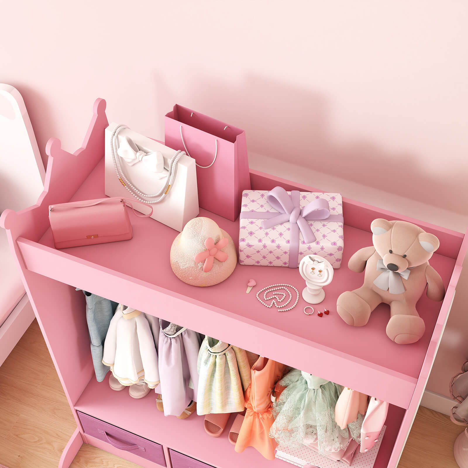 Kids Dress Up Storage with Mirror and Drawers, Kid Armoire Dresser, Pretend Storage Closet for Kids, Costume Wardrobe with Top Shelf for Playroom Bedroom