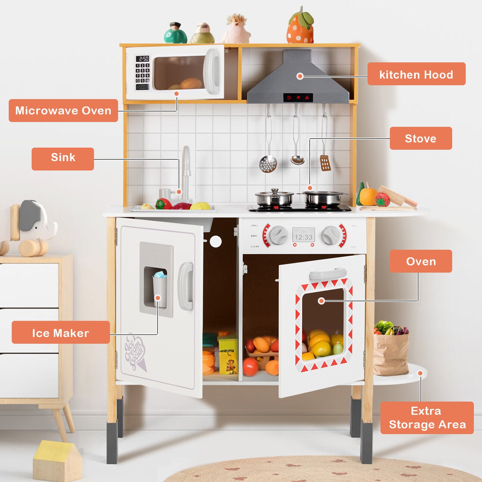 Kids Play Kitchen Set Wooden Pretend Toddler Kitchen Toys Ages 3+