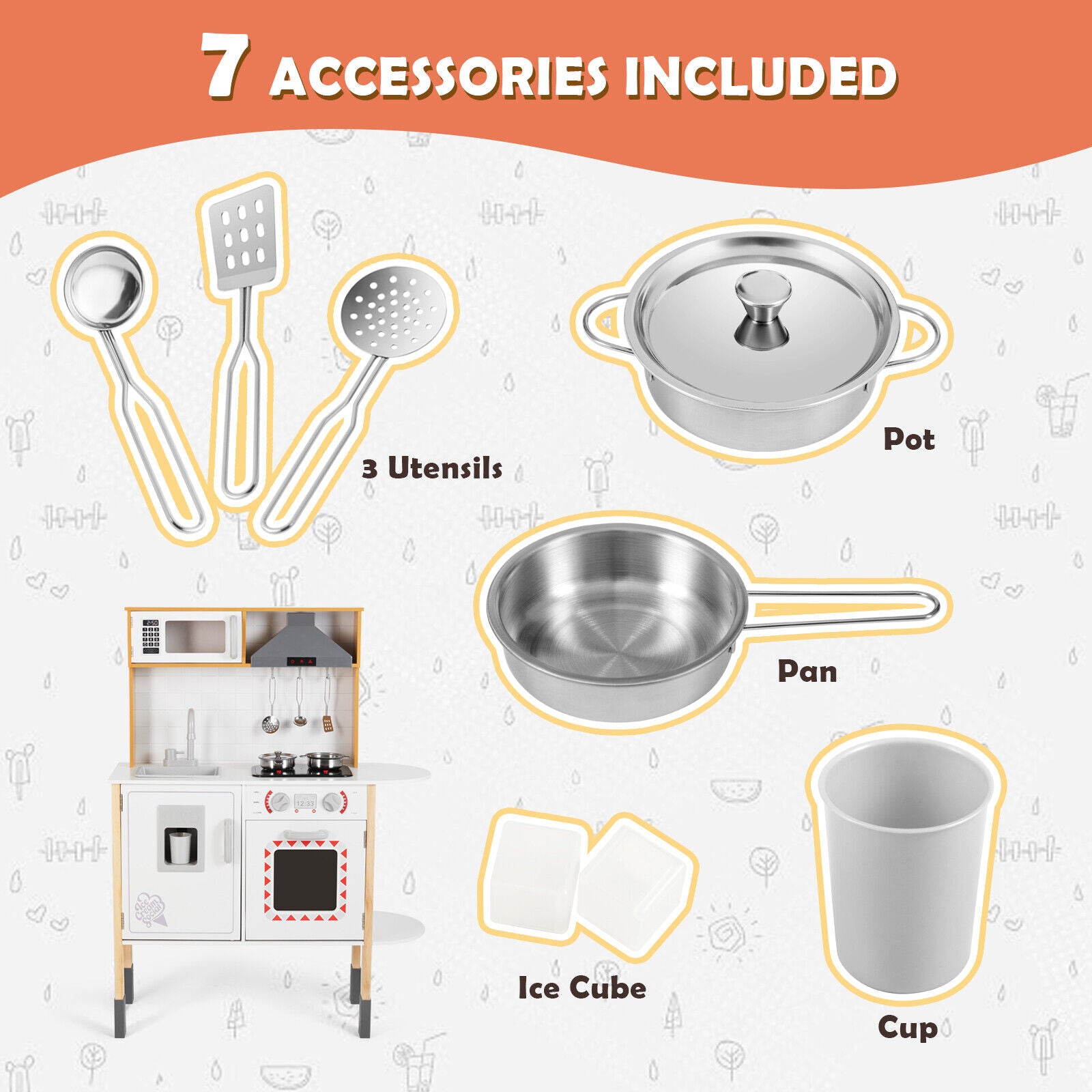 Kids Play Kitchen Set Wooden Pretend Toddler Kitchen Toys Ages 3+