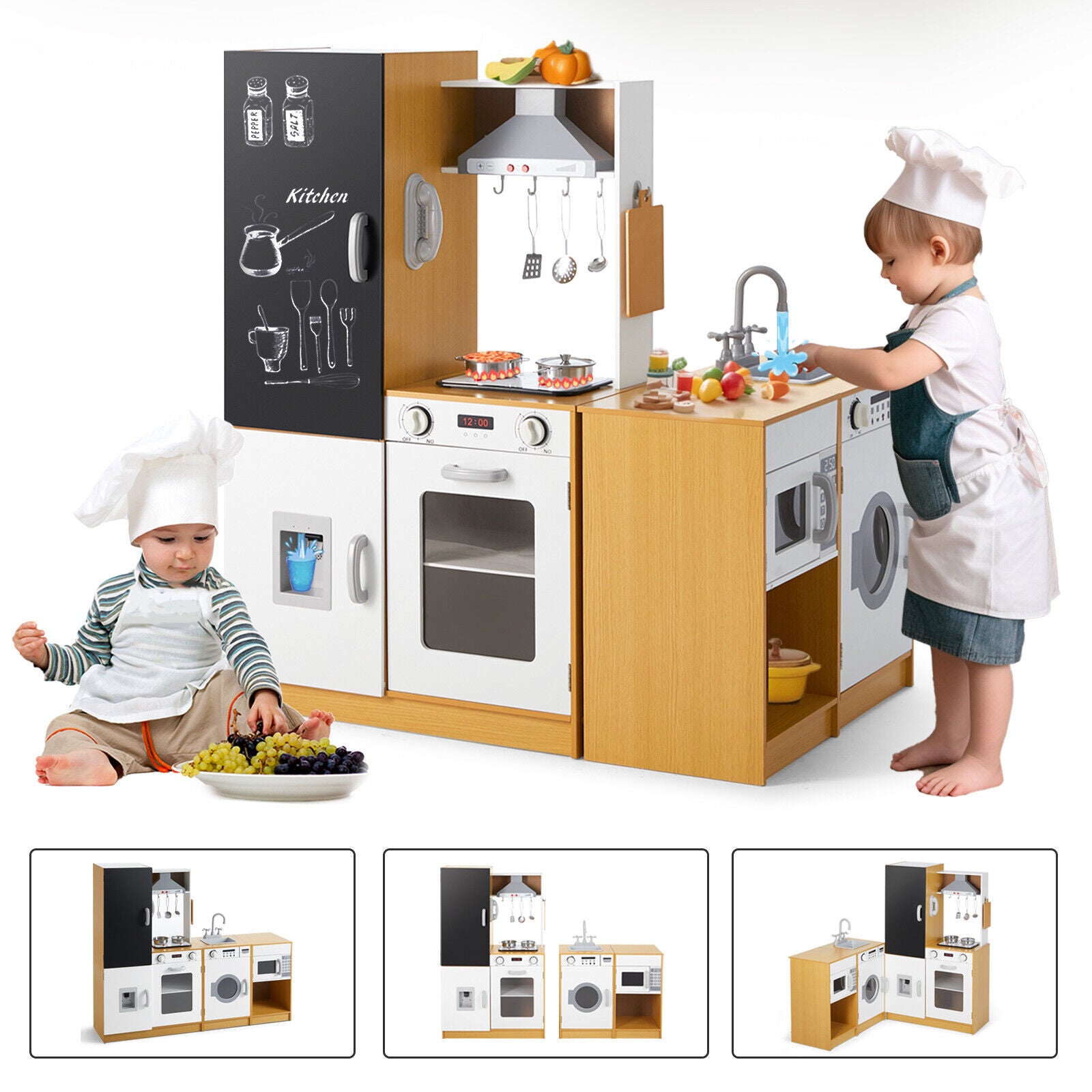 Kids Play Wooden Free Combination Pretend Toddler Play Kitchen Toy for Age 3+