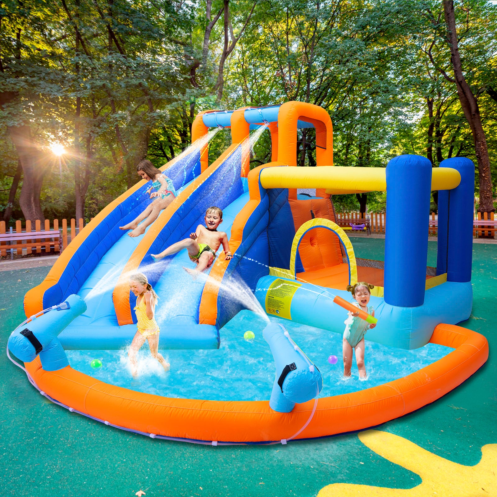 #1201 Inflatable Water Slide Bounce House,Giant Water Park, Double Slide Bouncer Castle w/Splash Pool, Jump Area, Climbing Wall, 550W Air Blower for Kids Backyard Indoor Outdoor Use,Free Water Gun