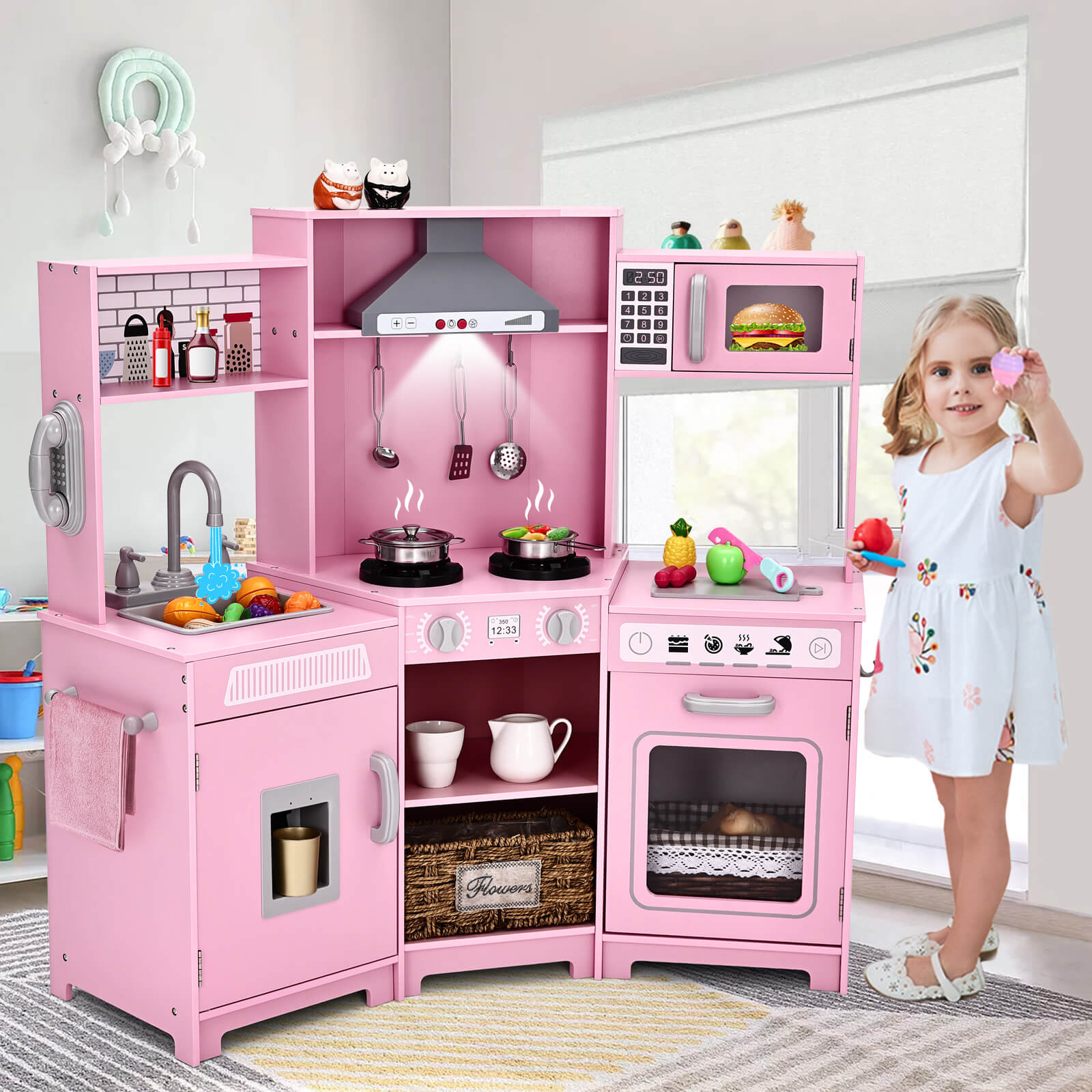 Kids Play Kitchen,Corner Wooden Pretend Toddler Kitchen Toys Playset with Realistic Lights & Sounds,Microwave Oven,Water Dispenser, Phone, Sink,Cooking Accessories, for Ages 3+, Pink