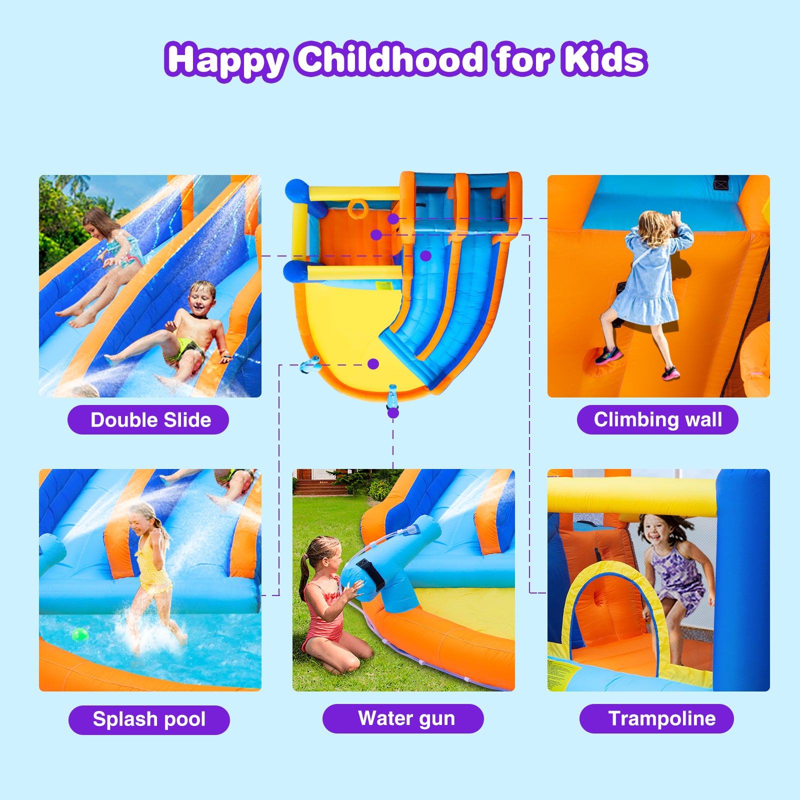 #1201 Inflatable Water Slide Bounce House,Giant Water Park, Double Slide Bouncer Castle w/Splash Pool, Jump Area, Climbing Wall, 550W Air Blower for Kids Backyard Indoor Outdoor Use,Free Water Gun