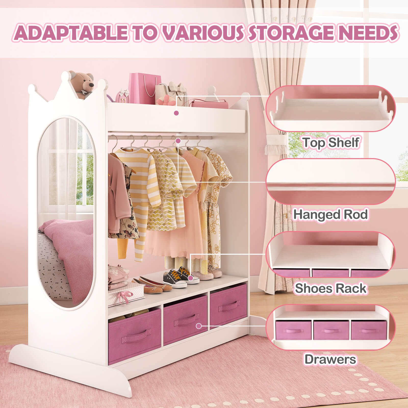 Kids Dress Up Storage with Mirror and Drawers, Kid Armoire Dresser, Pretend Storage Closet for Kids, Costume Wardrobe with Top Shelf for Playroom Bedroom