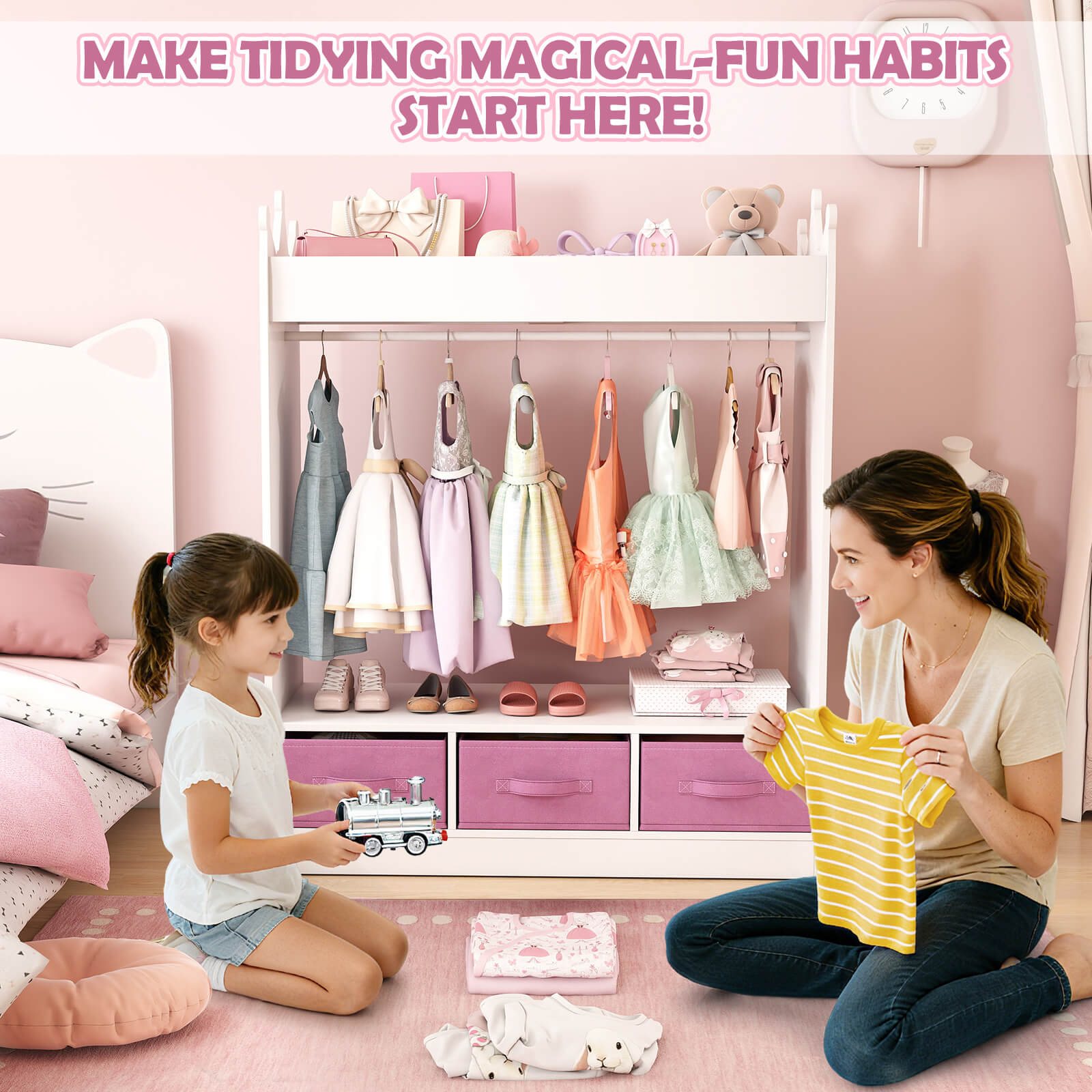 Kids Dress Up Storage with Mirror and Drawers, Kid Armoire Dresser, Pretend Storage Closet for Kids, Costume Wardrobe with Top Shelf for Playroom Bedroom