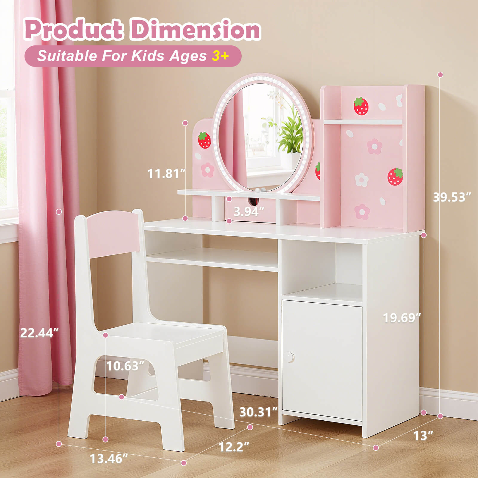 Kids Vanity with Lights, Pink Girls Makeup Vanity with Open Bookshelf, Storage Cabinet & Shelves, 2 in 1 Toddler Vanity Desk and Chair Set, Dressing Table for Kids 3+