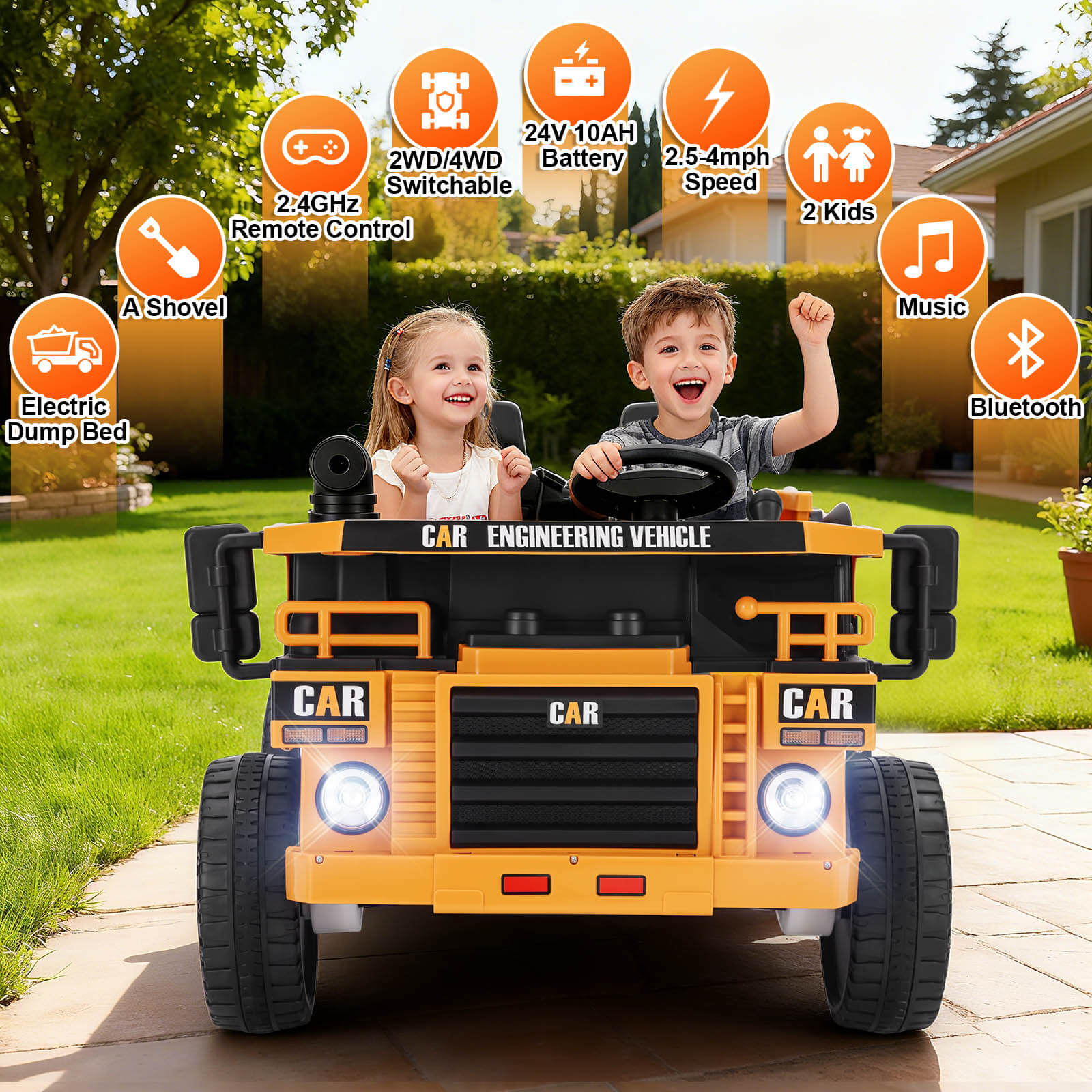 #40123 2 Seater Ride On Dump Truck,24V10AH Battery Powered Ride On Toy, 4WD/2WD Construction Vehicles with Electric Dump Bed,4 Engines,Shovel,Remote Control, Music,Bluetooth