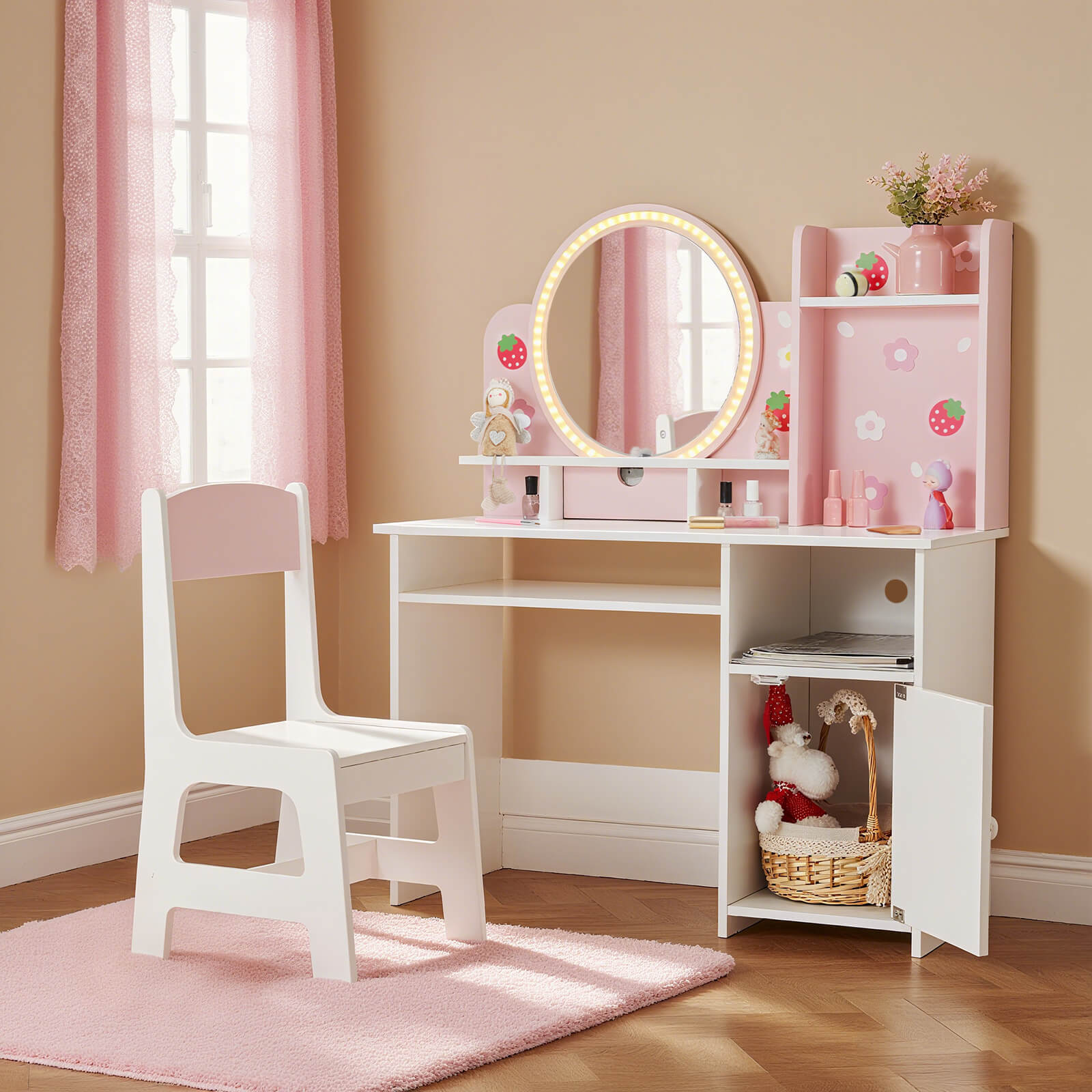 Kids Vanity with Lights, Pink Girls Makeup Vanity with Open Bookshelf, Storage Cabinet & Shelves, 2 in 1 Toddler Vanity Desk and Chair Set, Dressing Table for Kids 3+