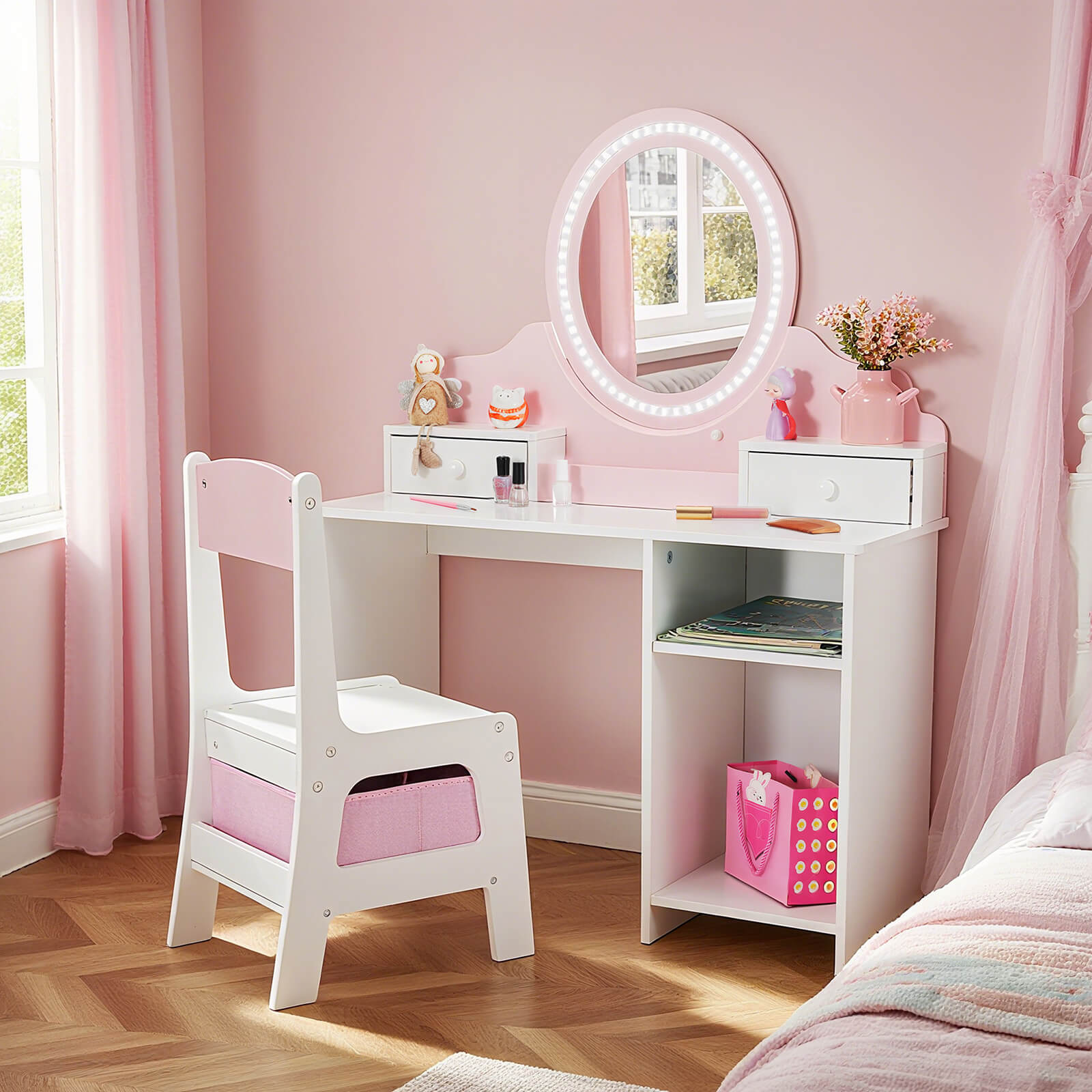 Kids Vanity with Lights, Pink Girls Makeup Vanity with 2 Drawer, Storage Cabinet & Shelves, 2 in 1 Toddler Vanity Table and Chair Set, Dressing Table for Kids 3+