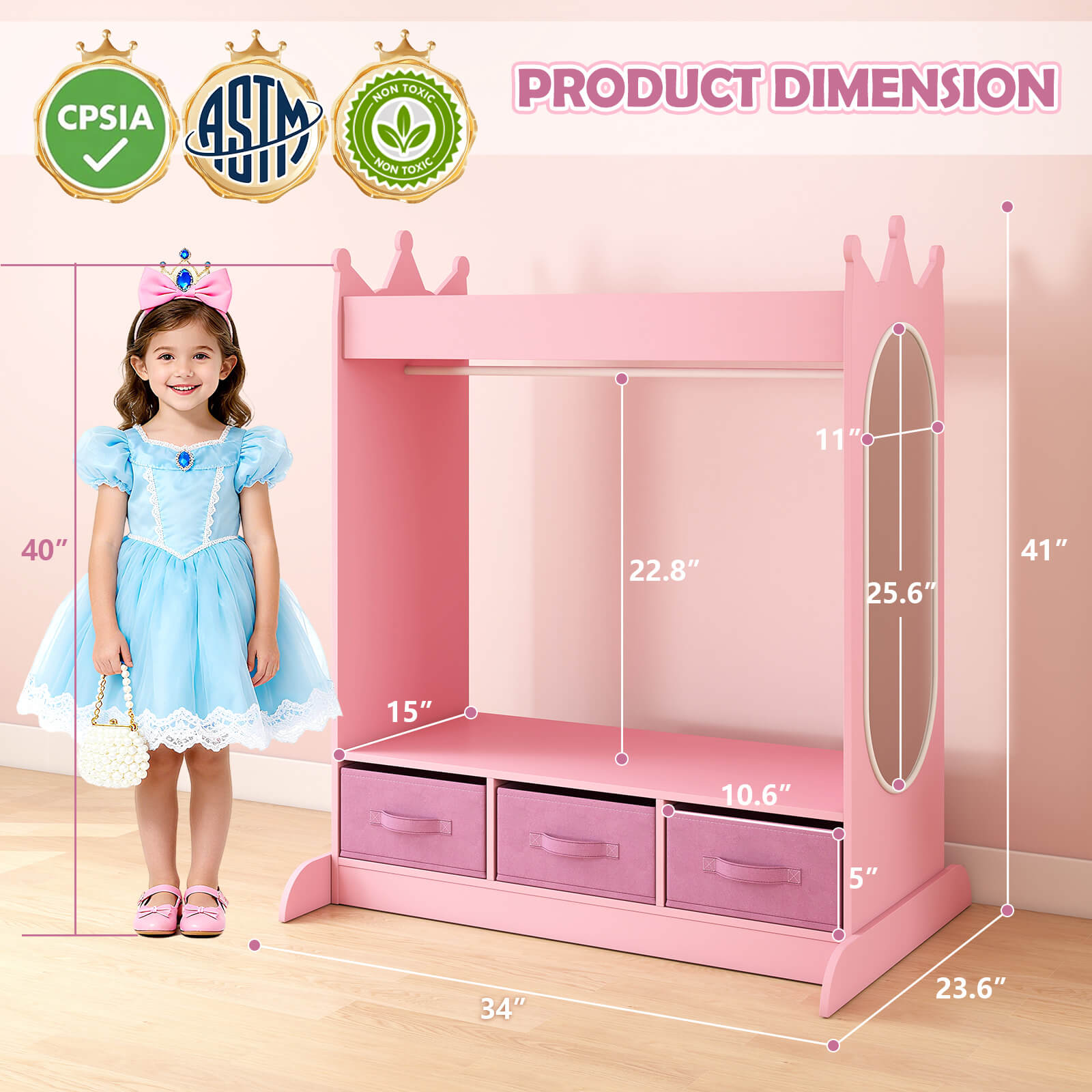 Kids Dress Up Storage with Mirror and Drawers, Kid Armoire Dresser, Pretend Storage Closet for Kids, Costume Wardrobe with Top Shelf for Playroom Bedroom