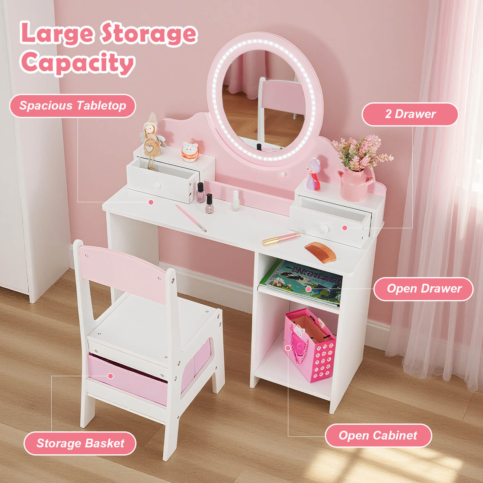 Kids Vanity with Lights, Pink Girls Makeup Vanity with 2 Drawer, Storage Cabinet & Shelves, 2 in 1 Toddler Vanity Table and Chair Set, Dressing Table for Kids 3+