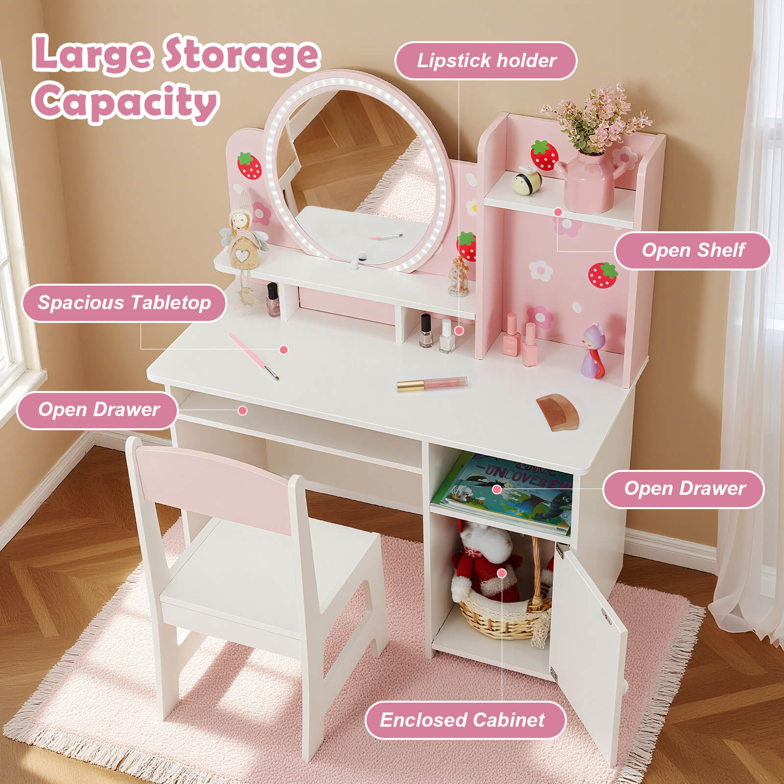 Kids Vanity with Lights, Pink Girls Makeup Vanity with Open Bookshelf, Storage Cabinet & Shelves, 2 in 1 Toddler Vanity Desk and Chair Set, Dressing Table for Kids 3+