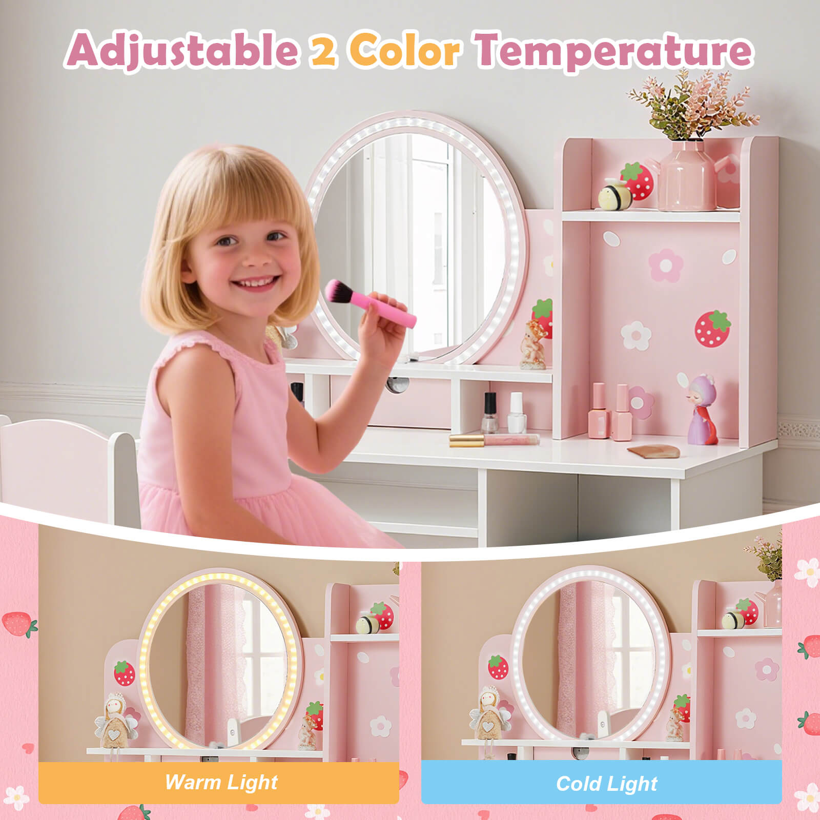 Kids Vanity with Lights, Pink Girls Makeup Vanity with Open Bookshelf, Storage Cabinet & Shelves, 2 in 1 Toddler Vanity Desk and Chair Set, Dressing Table for Kids 3+