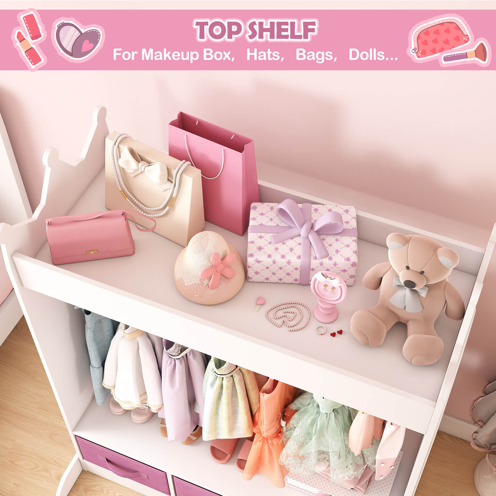Kids Dress Up Storage with Mirror and Drawers, Kid Armoire Dresser, Pretend Storage Closet for Kids, Costume Wardrobe with Top Shelf for Playroom Bedroom