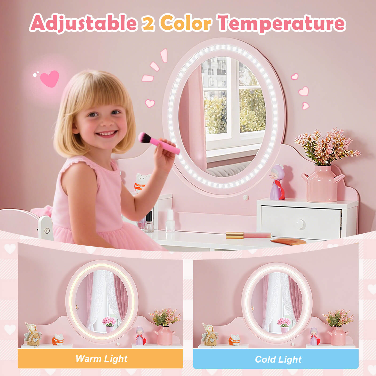 Kids Vanity with Lights, Pink Girls Makeup Vanity with 2 Drawer, Storage Cabinet & Shelves, 2 in 1 Toddler Vanity Table and Chair Set, Dressing Table for Kids 3+