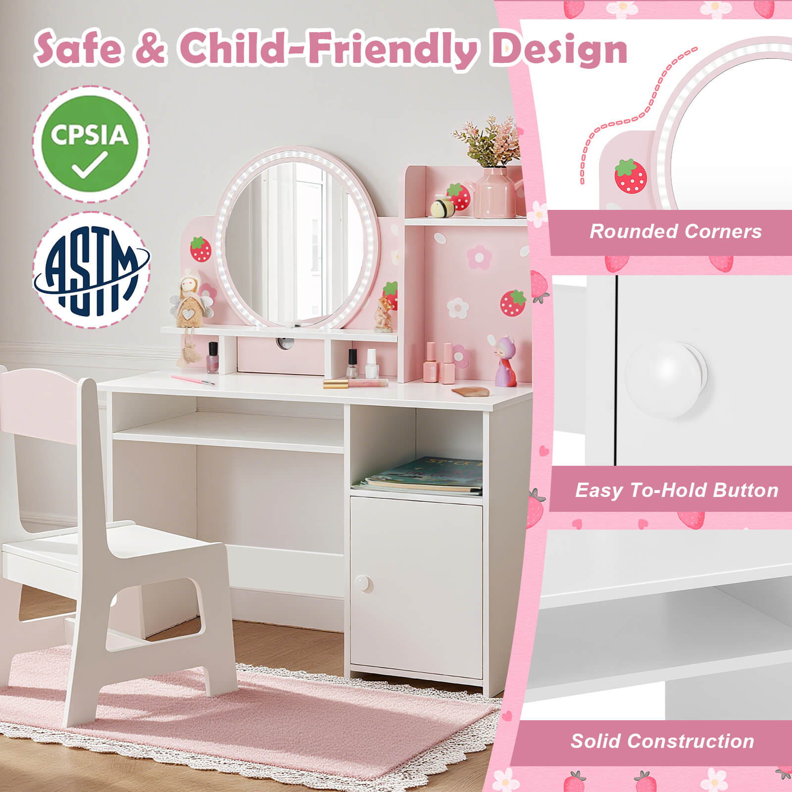 Kids Vanity with Lights, Pink Girls Makeup Vanity with Open Bookshelf, Storage Cabinet & Shelves, 2 in 1 Toddler Vanity Desk and Chair Set, Dressing Table for Kids 3+