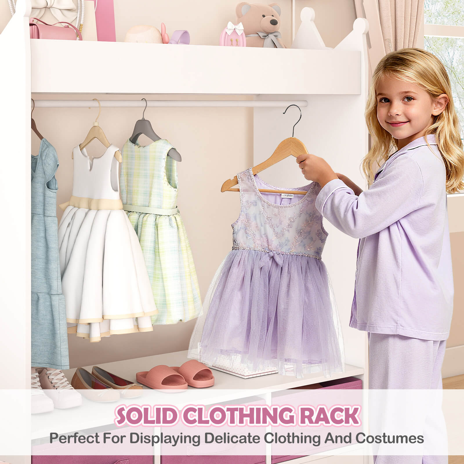 Kids Dress Up Storage with Mirror and Drawers, Kid Armoire Dresser, Pretend Storage Closet for Kids, Costume Wardrobe with Top Shelf for Playroom Bedroom