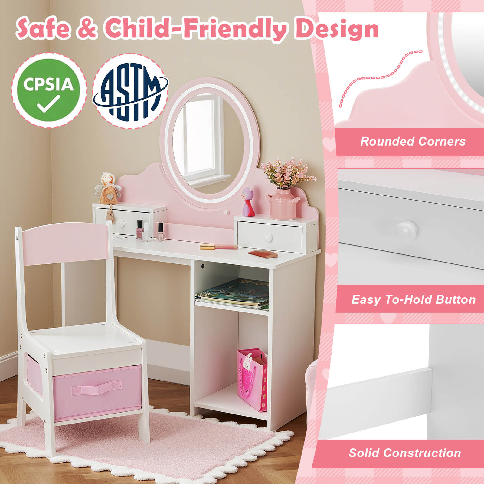 Kids Vanity with Lights, Pink Girls Makeup Vanity with 2 Drawer, Storage Cabinet & Shelves, 2 in 1 Toddler Vanity Table and Chair Set, Dressing Table for Kids 3+