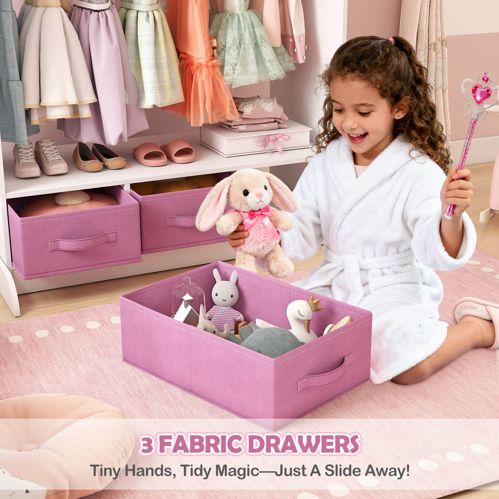 Kids Dress Up Storage with Mirror and Drawers, Kid Armoire Dresser, Pretend Storage Closet for Kids, Costume Wardrobe with Top Shelf for Playroom Bedroom