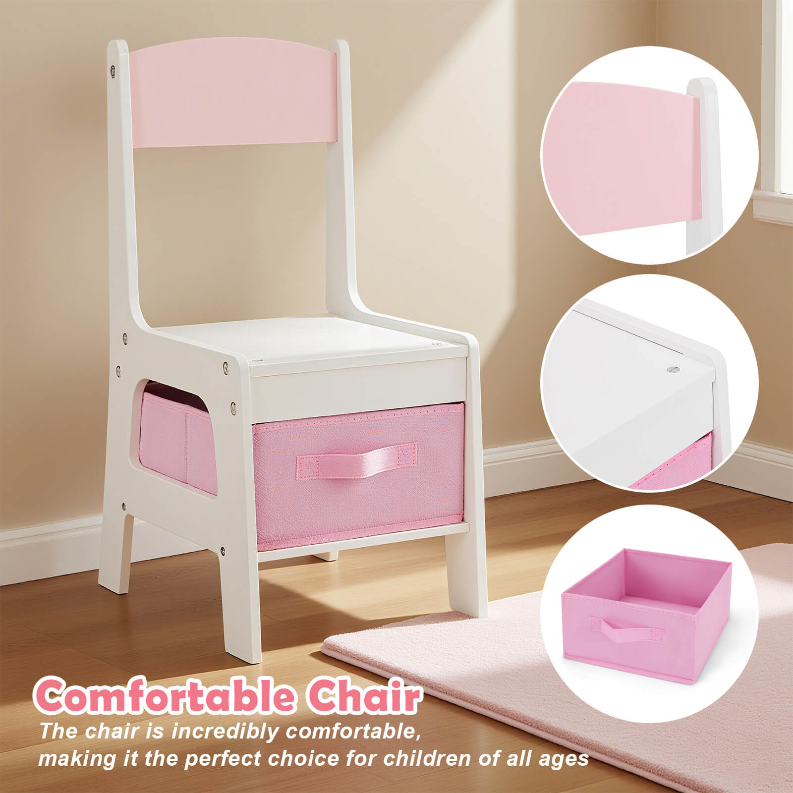 Kids Vanity with Lights, Pink Girls Makeup Vanity with 2 Drawer, Storage Cabinet & Shelves, 2 in 1 Toddler Vanity Table and Chair Set, Dressing Table for Kids 3+