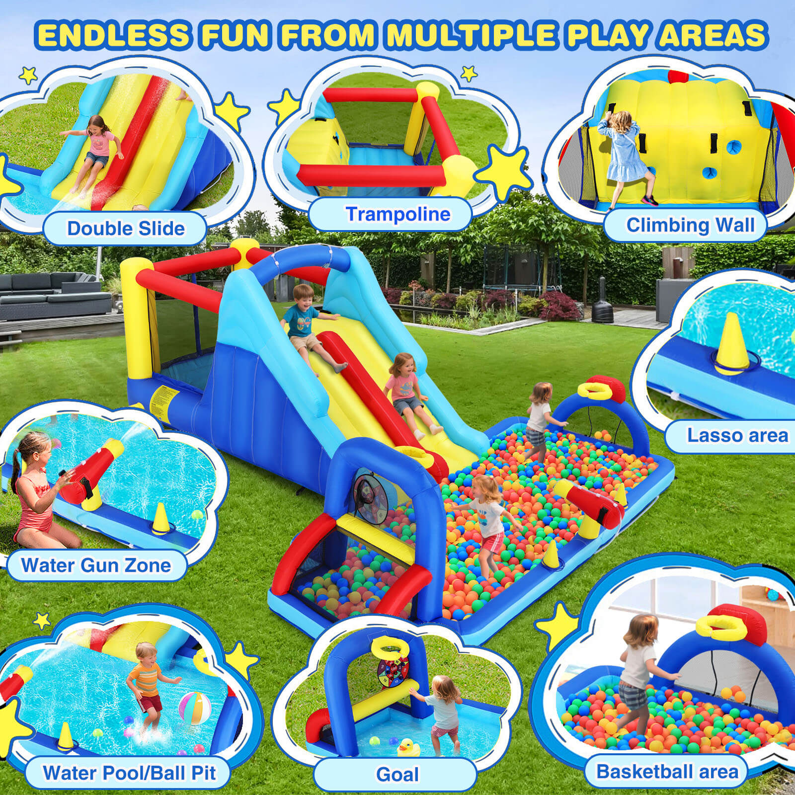 Inflatable Water Slide Bounce House, Double Slide Bouncer Castle Playhouse w/Splash Pool,Jump Area, Climbing Wall,Basketball Hoop, Water Balls, 550W Air Blower for Kids Birthday Party, Indoor Outdoor