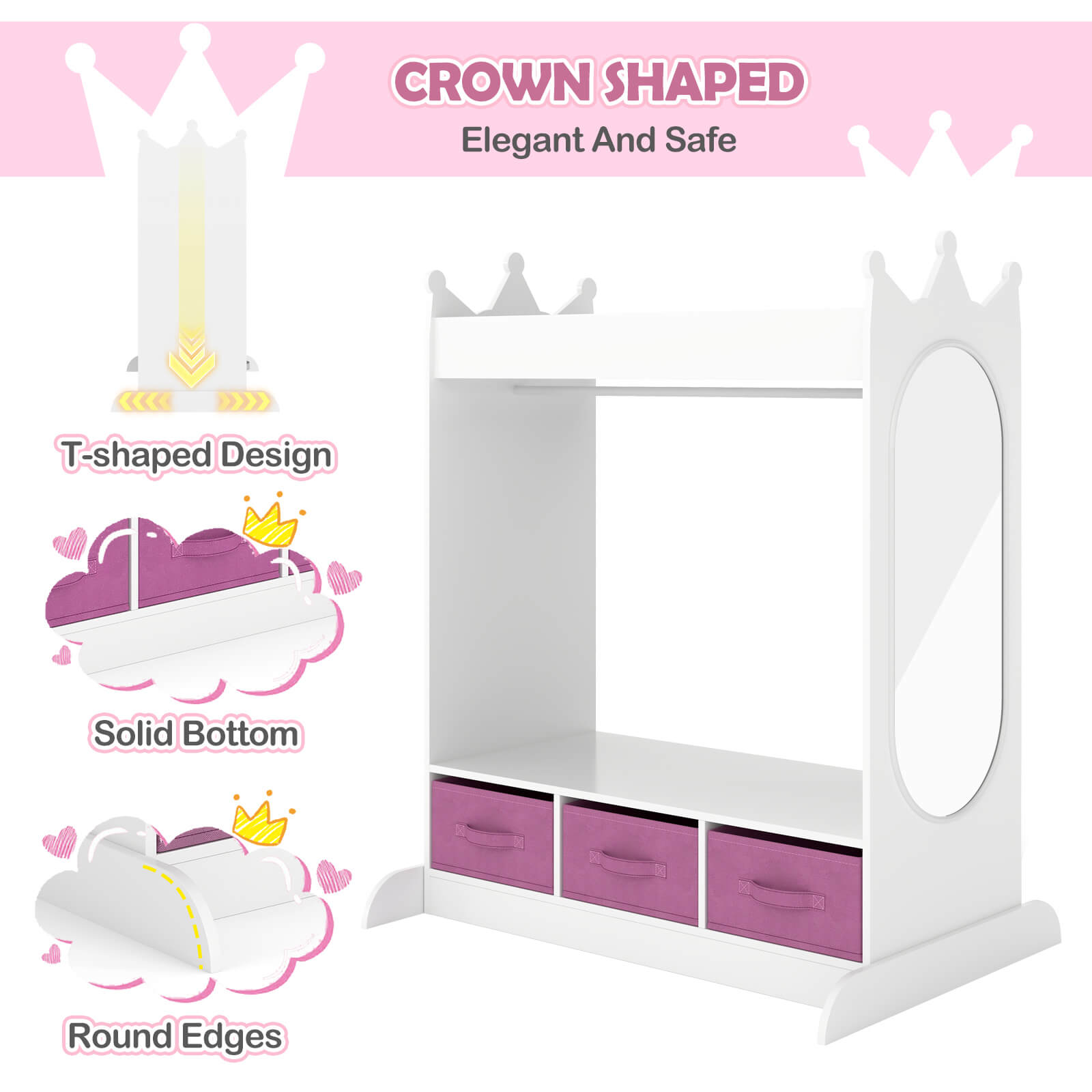 Kids Dress Up Storage with Mirror and Drawers, Kid Armoire Dresser, Pretend Storage Closet for Kids, Costume Wardrobe with Top Shelf for Playroom Bedroom