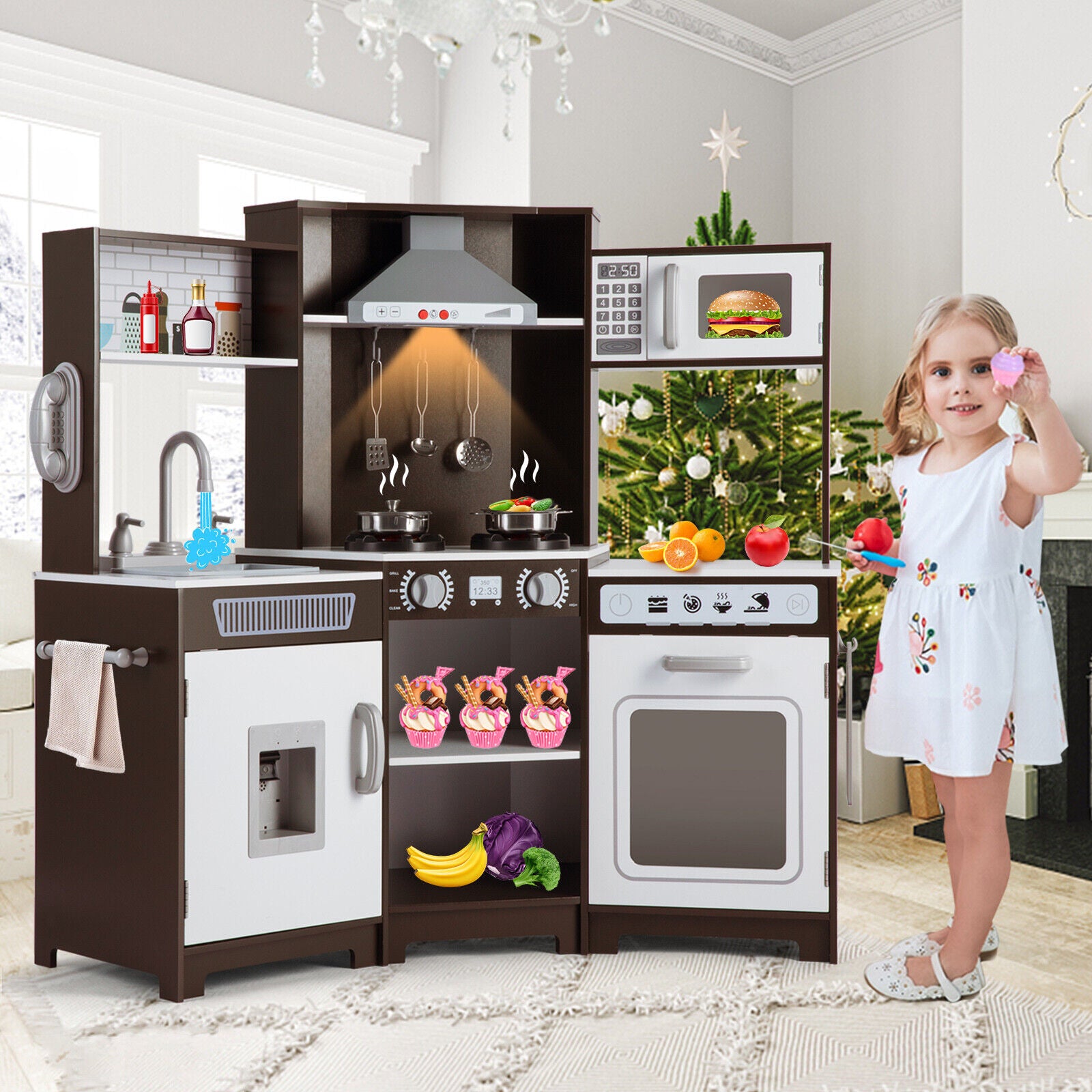 JOYLDIAS Kids Play Kitchen Corner Wooden Pretend Toddler Kitchen Toys Playset,Brown