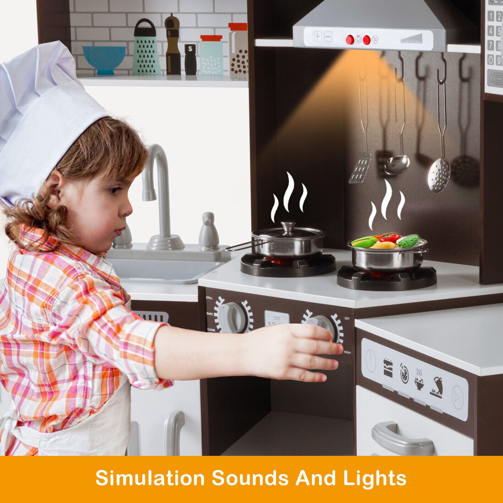 JOYLDIAS Kids Play Kitchen Corner Wooden Pretend Toddler Kitchen Toys Playset,Brown