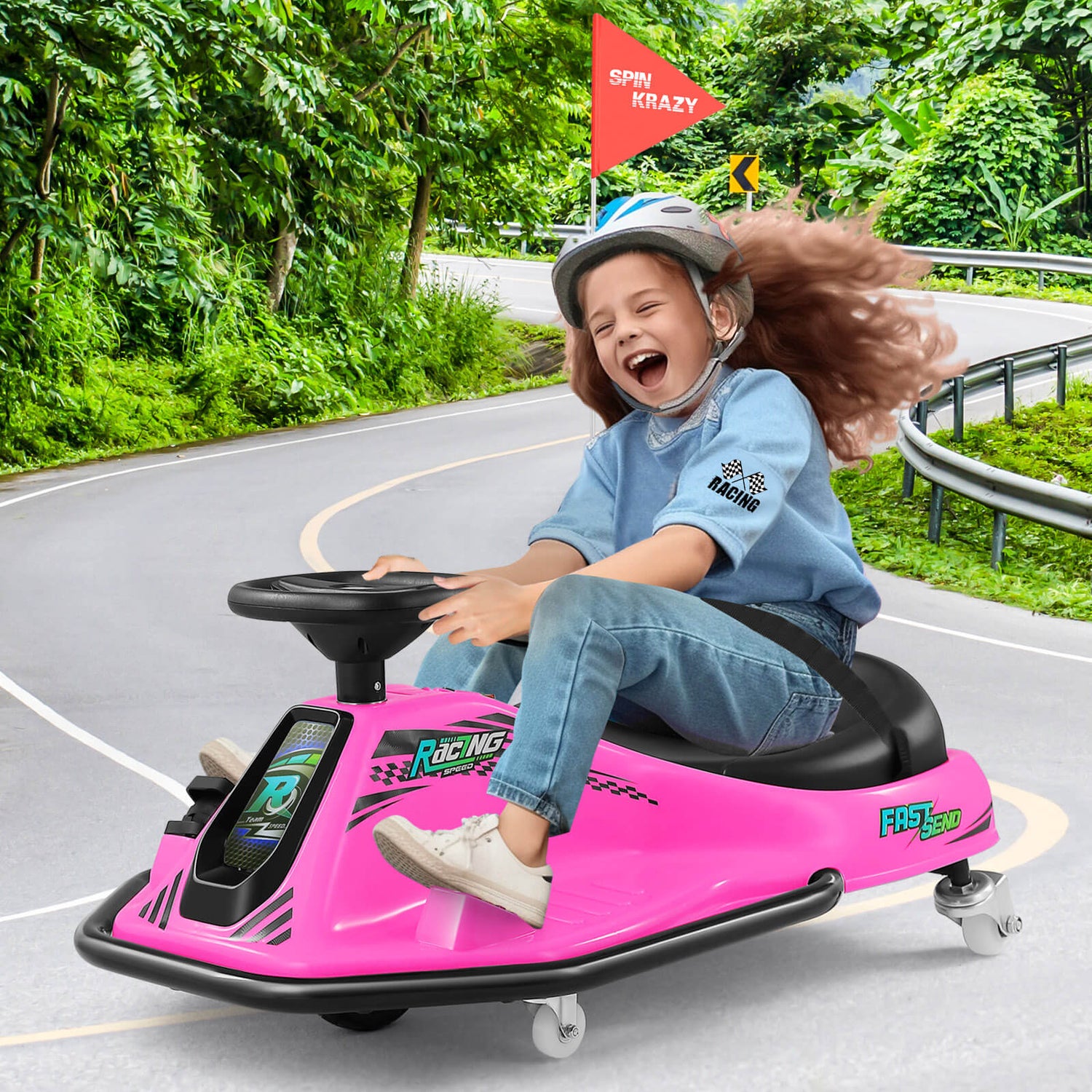 360 Degrees Rotating Ride On Drift Car, 24V Electric Drifting Go Kart for Kids W/Replacement Wheels, High/Low Speed, 24V Brushless Motor, Flashing Lights, Flag, Music,Bluetooth