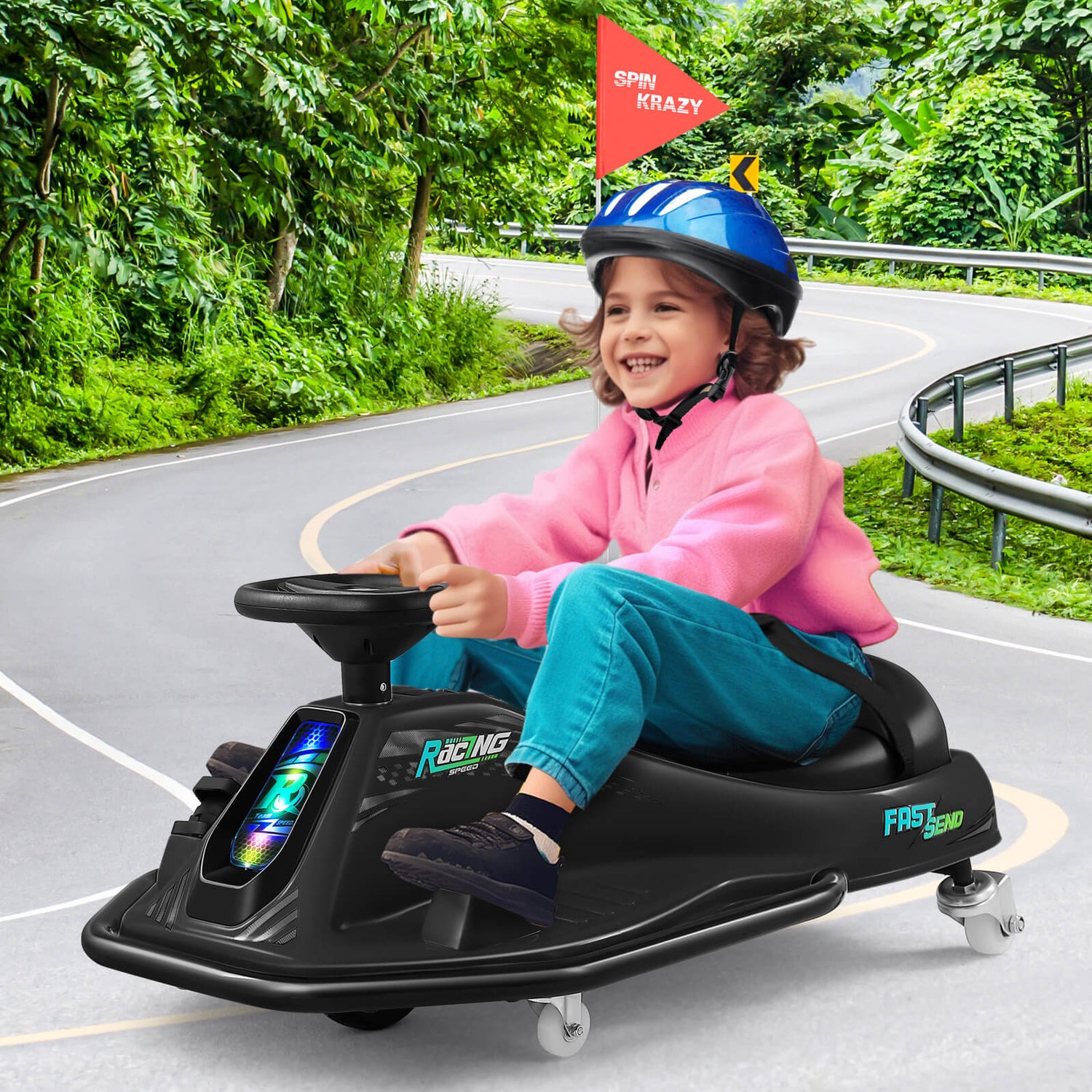 360 Degrees Rotating Ride On Drift Car, 24V Electric Drifting Go Kart for Kids W/Replacement Wheels, High/Low Speed, 24V Brushless Motor, Flashing Lights, Flag, Music,Bluetooth