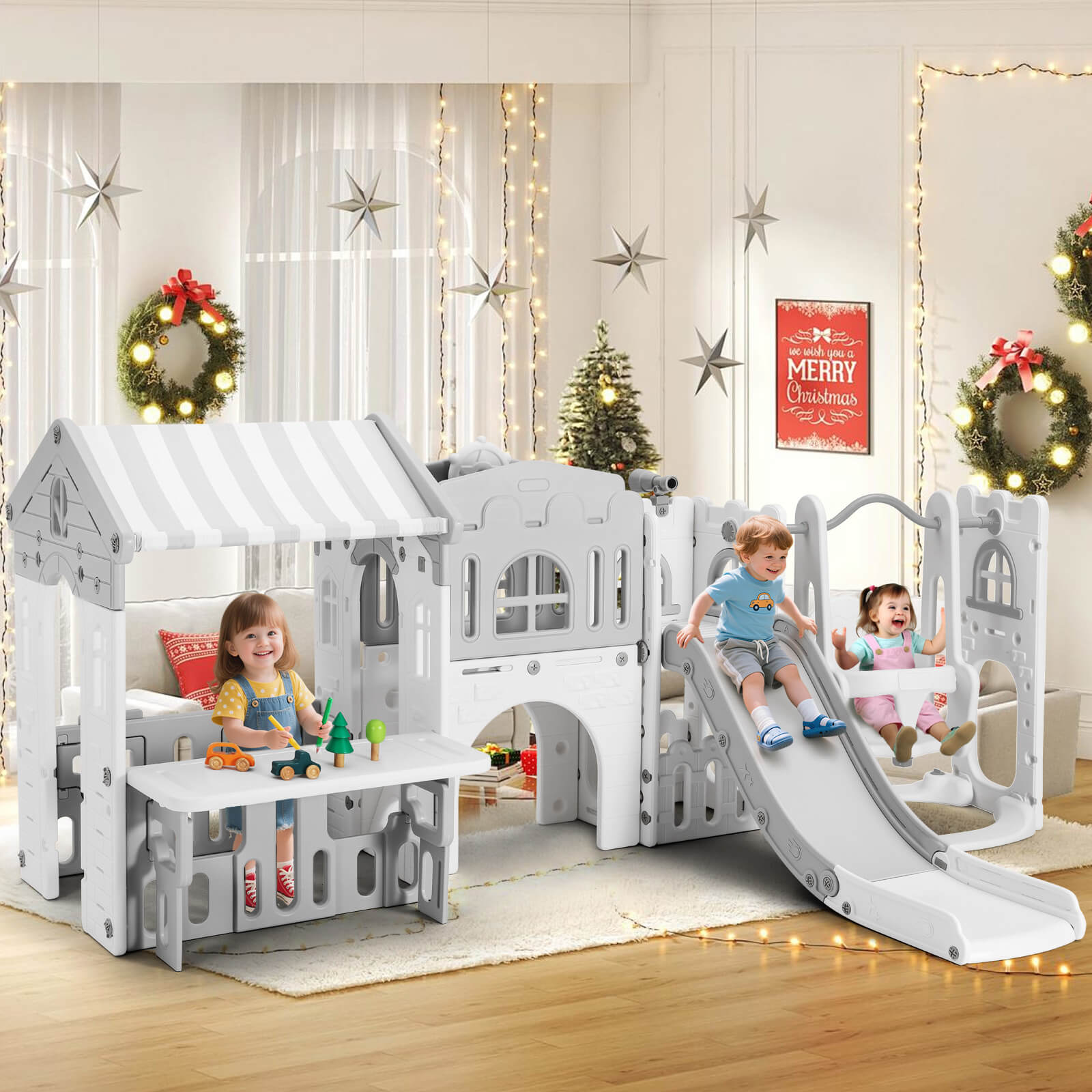 #40123 10 in 1 Toddler Slide, Freestanding Kid Climber Slide Playset, Toddler Playhouse with Slide and Swing, Basketball Hoop, Telescope, Indoor Outdoor Backyard Playground Toy for Toddlers Age 1-3+