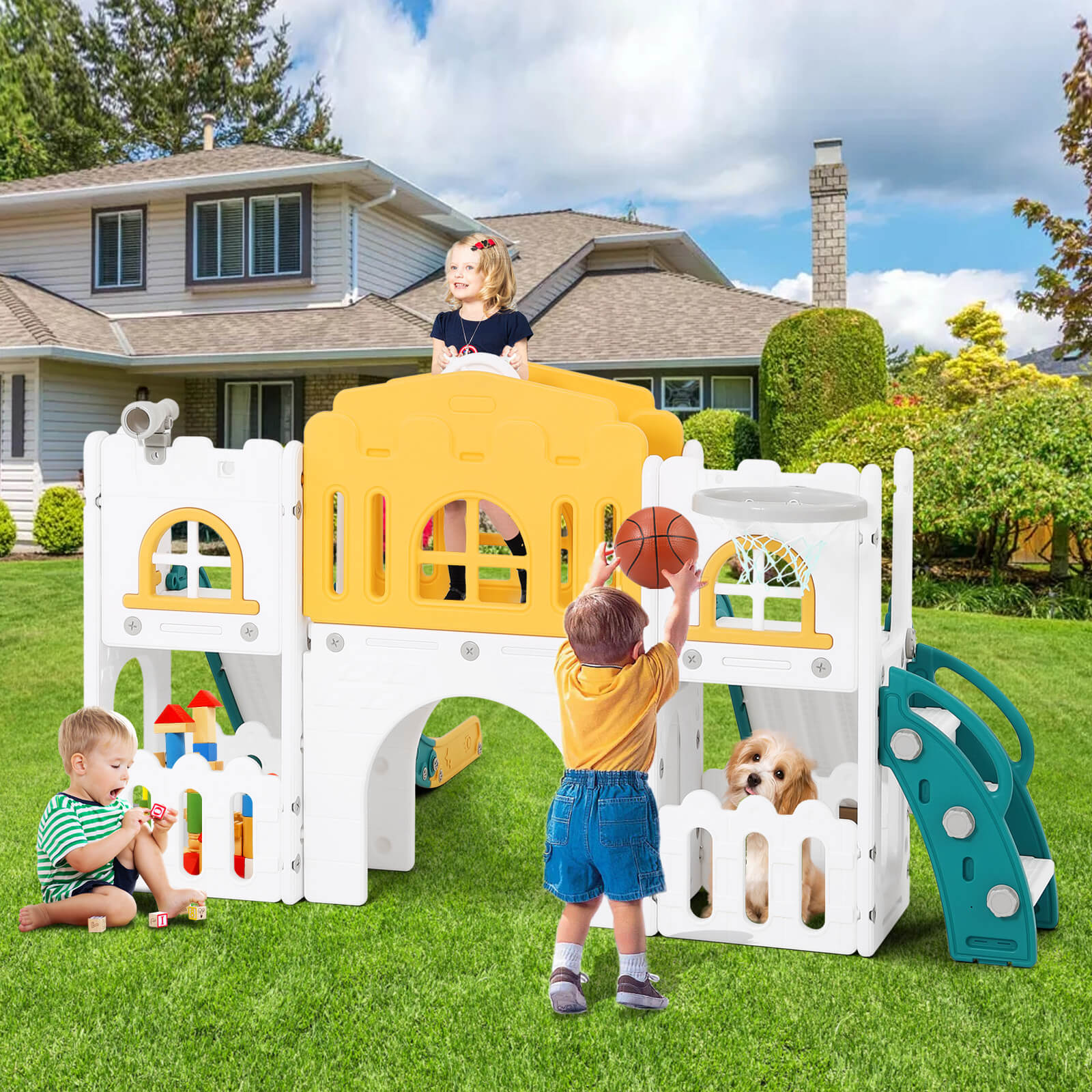 #40118 9 in 1 Toddler Slide, Toddler Playground with Double Slides, Climber,Basketball Hoop,Tunnel, Telescope, Storage Space and Non-Slip Step, Indoor Outdoor Backyard Playset for Toddlers Age 1-3+