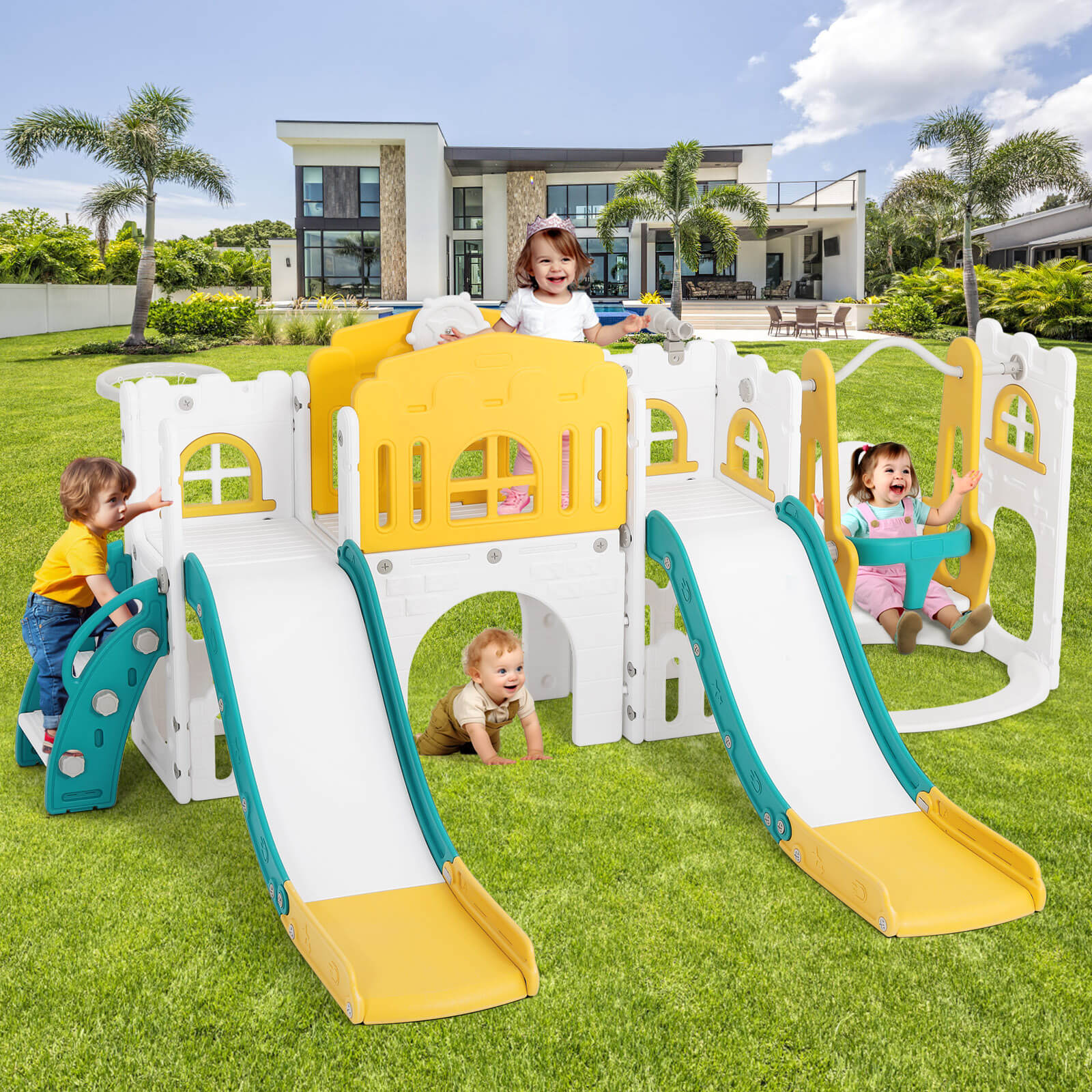 10 in 1 Toddler Slide, Double Kid Climber Slide Playset w/Swing, Basketball Hoop, Telescope, Tunnel, Storage Space and Non-Slip Steps, Indoor Outdoor Backyard Playground Toy for Toddlers