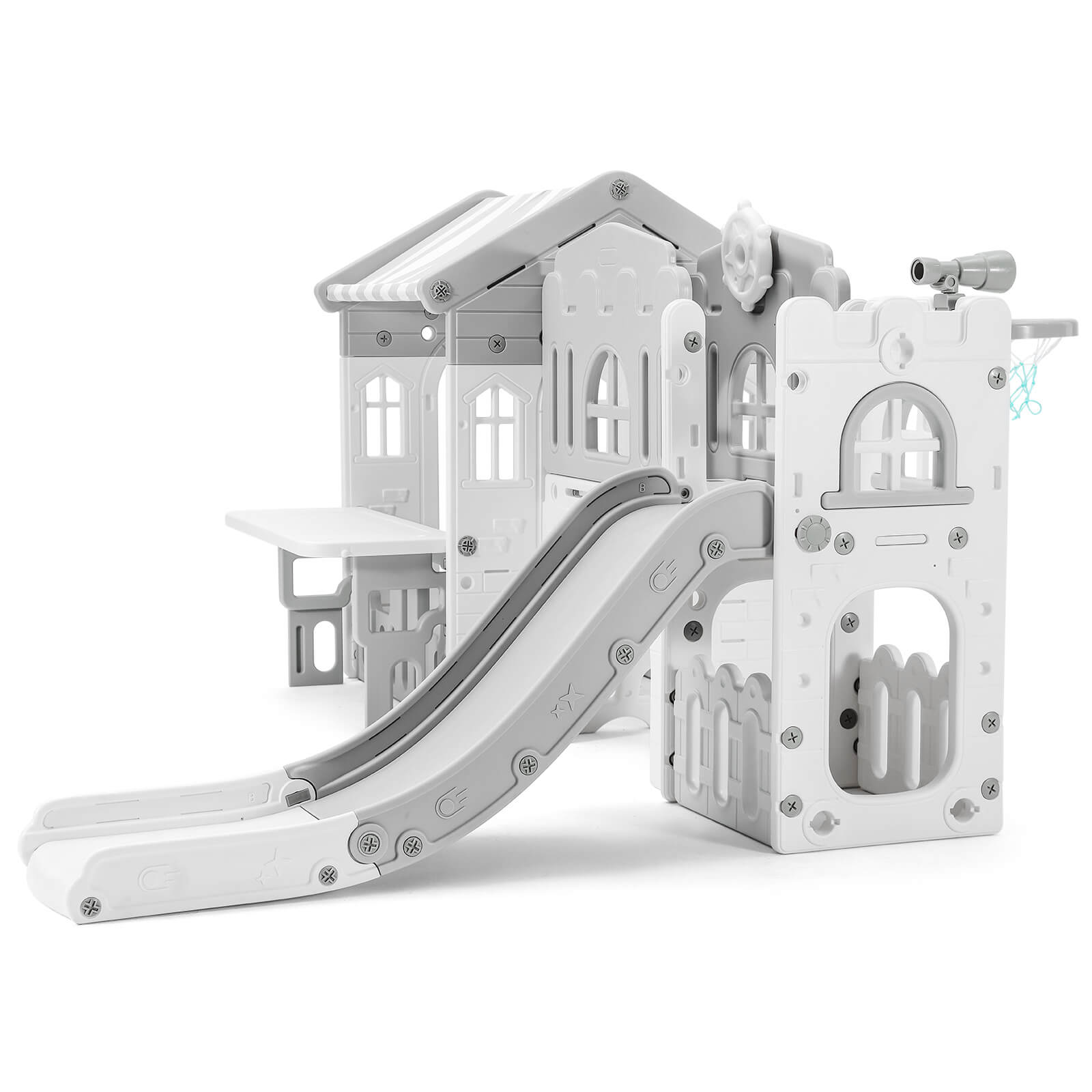 9 in 1 Toddler Slide, Freestanding Kid Climber Slide Playset, Toddler Playhouse with Slide, Basketball Hoop and Climbing Frame, Indoor Outdoor Backyard Playground Toy for Toddlers Age 1-3+