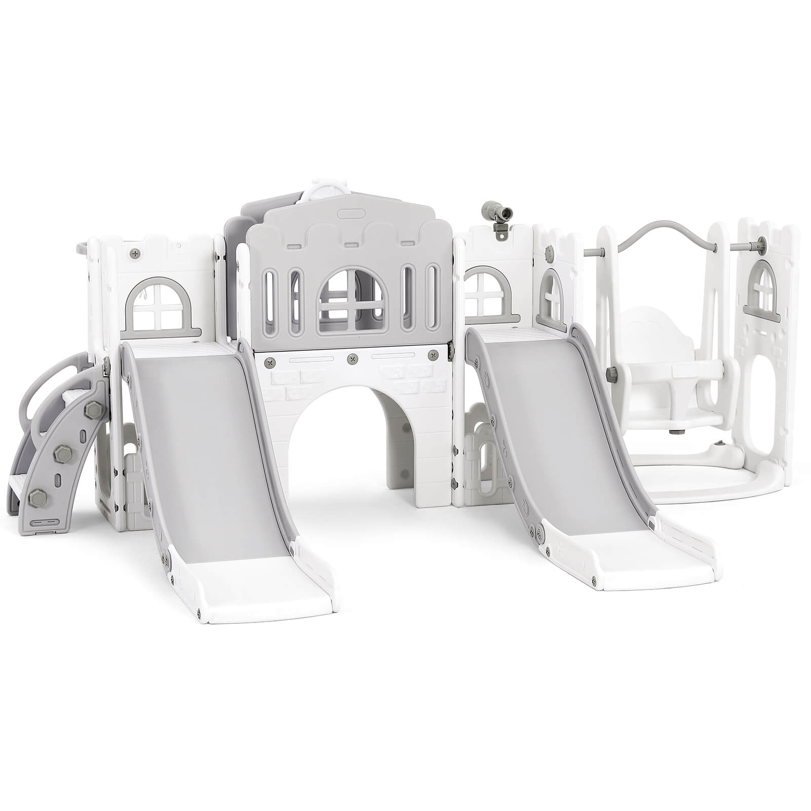 10 in 1 Toddler Slide, Double Kid Climber Slide Playset w/Swing, Basketball Hoop, Telescope, Tunnel, Storage Space and Non-Slip Steps, Indoor Outdoor Backyard Playground Toy for Toddlers