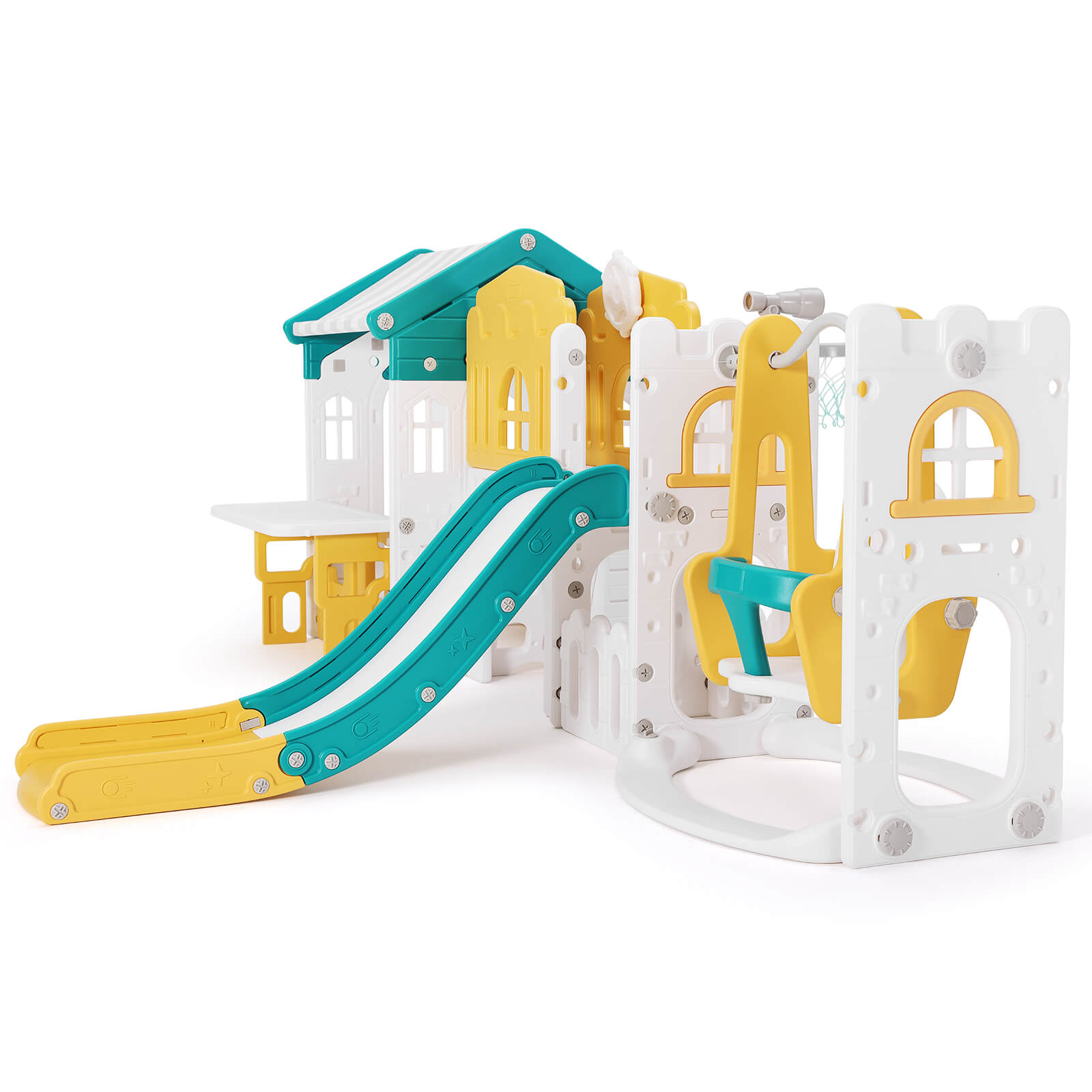 #40123 10 in 1 Toddler Slide, Freestanding Kid Climber Slide Playset, Toddler Playhouse with Slide and Swing, Basketball Hoop, Telescope, Indoor Outdoor Backyard Playground Toy for Toddlers Age 1-3+
