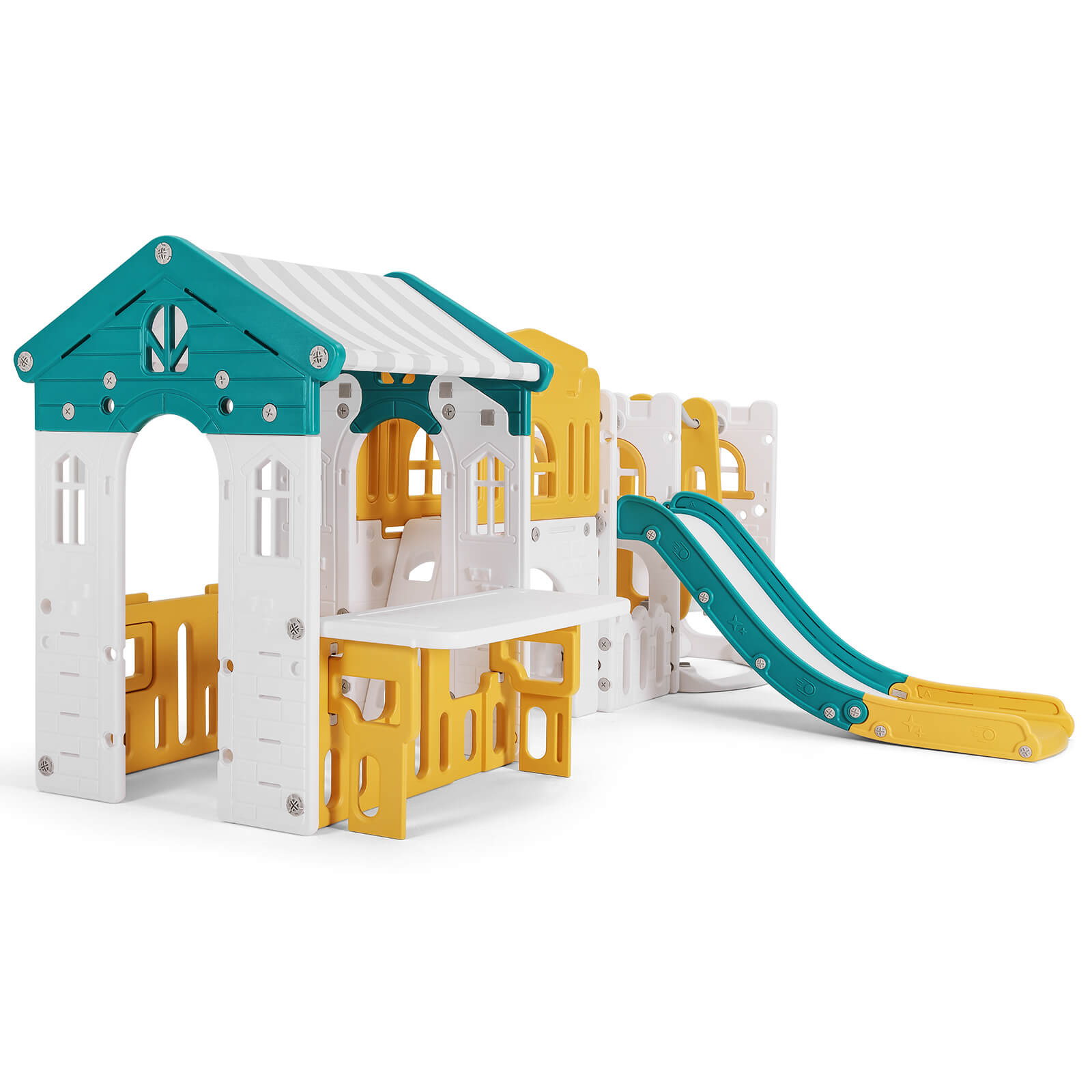 #40123 10 in 1 Toddler Slide, Freestanding Kid Climber Slide Playset, Toddler Playhouse with Slide and Swing, Basketball Hoop, Telescope, Indoor Outdoor Backyard Playground Toy for Toddlers Age 1-3+