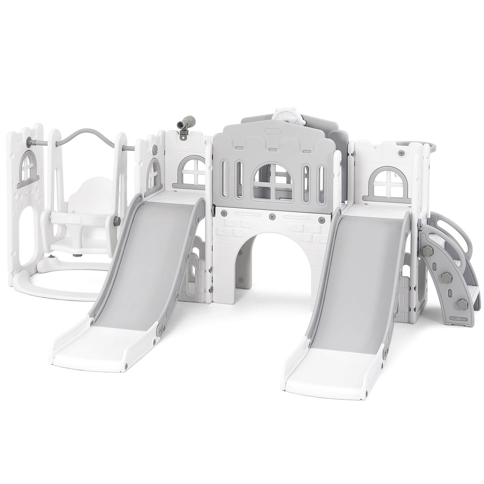 10 in 1 Toddler Slide, Double Kid Climber Slide Playset w/Swing, Basketball Hoop, Telescope, Tunnel, Storage Space and Non-Slip Steps, Indoor Outdoor Backyard Playground Toy for Toddlers