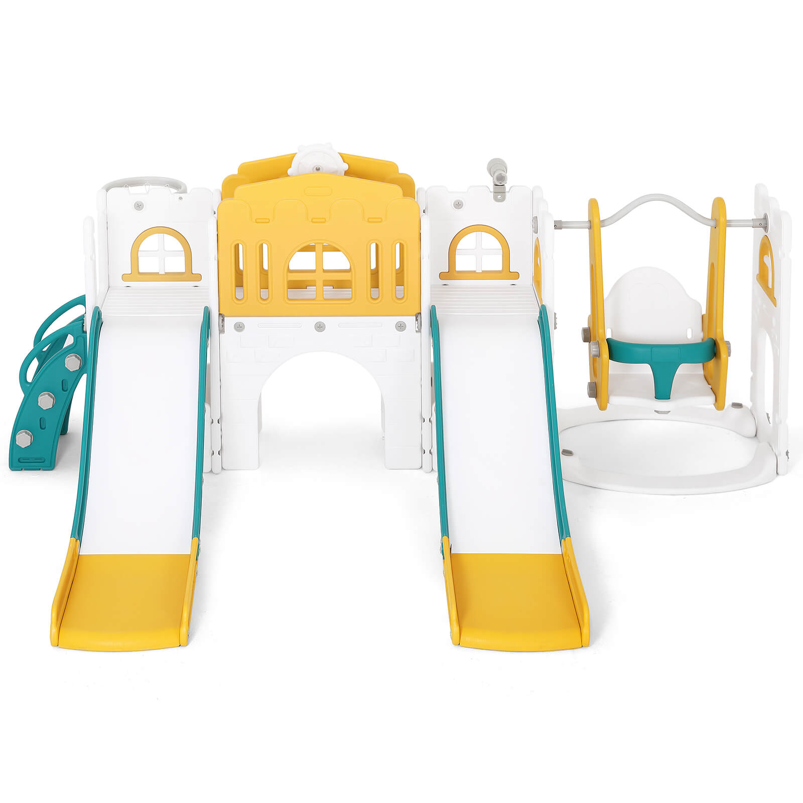 10 in 1 Toddler Slide, Double Kid Climber Slide Playset w/Swing, Basketball Hoop, Telescope, Tunnel, Storage Space and Non-Slip Steps, Indoor Outdoor Backyard Playground Toy for Toddlers